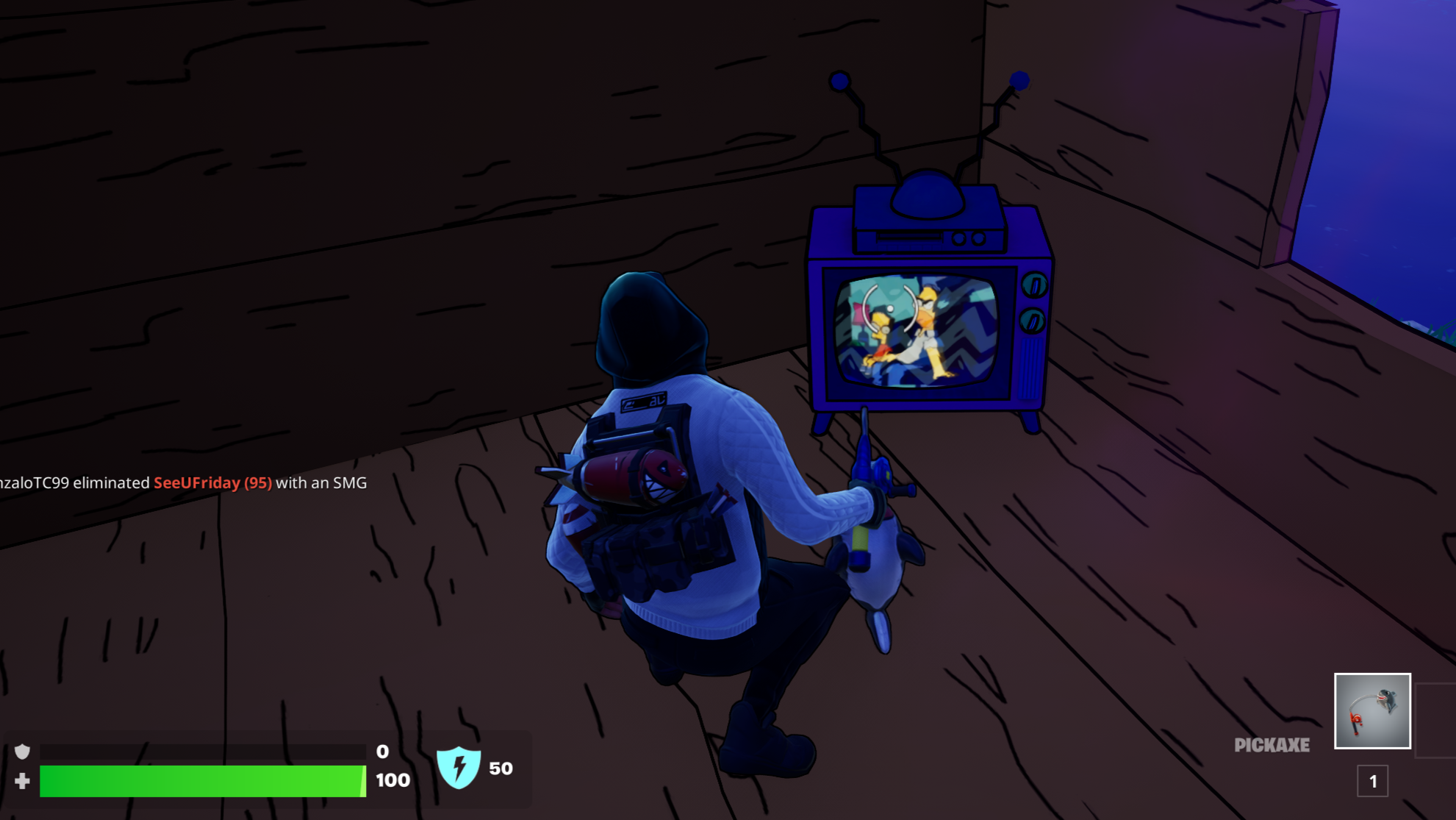 A TV displaying The Simpsons in Fortnite.