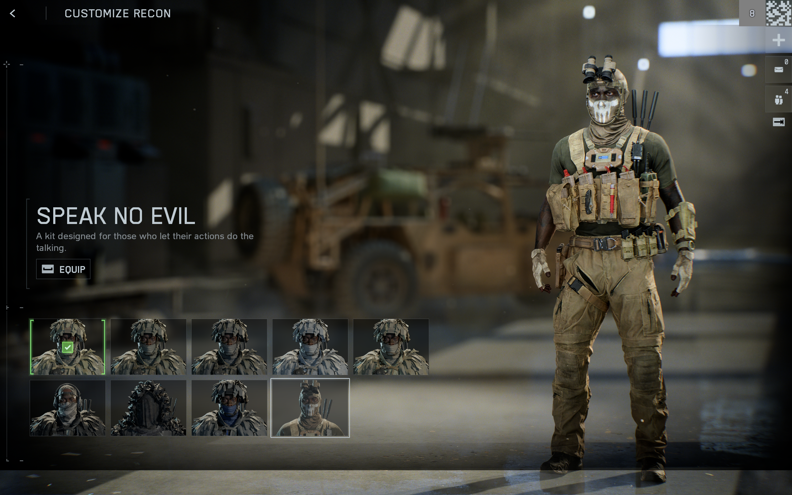 Battlefield 6 Season 1 skins: The Speak No Evil skin in the soldier customisation menu.
