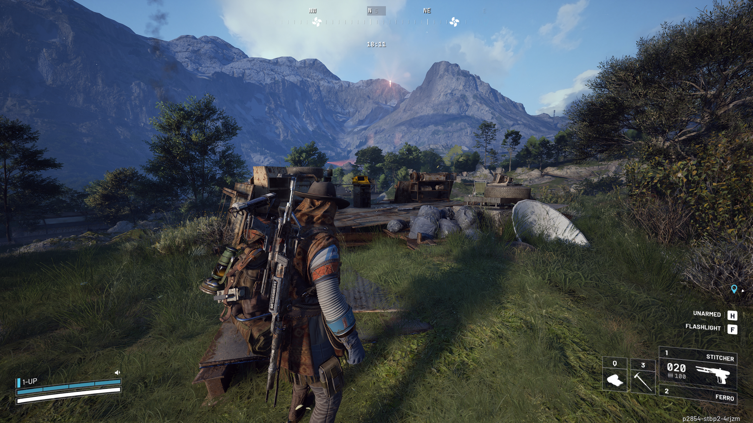 Arc Raiders A First Foothold: A player looking at the Olive Grove comms terminal in the grass on the side of the road.