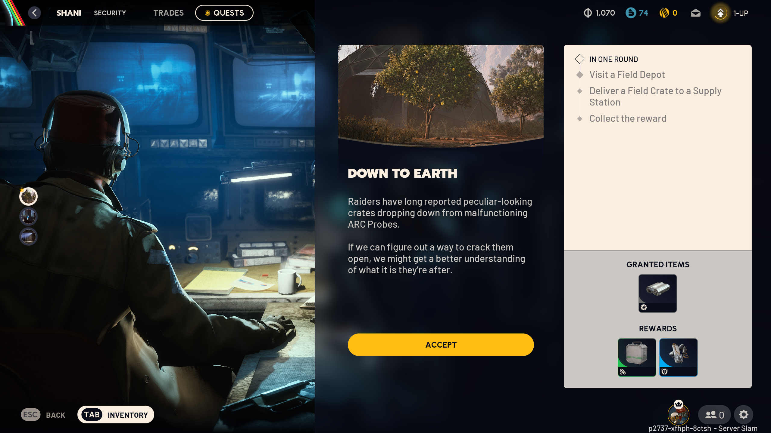 Arc Raiders Field Crate locations: The Down to Earth quest overview screen when speaking to Shani.