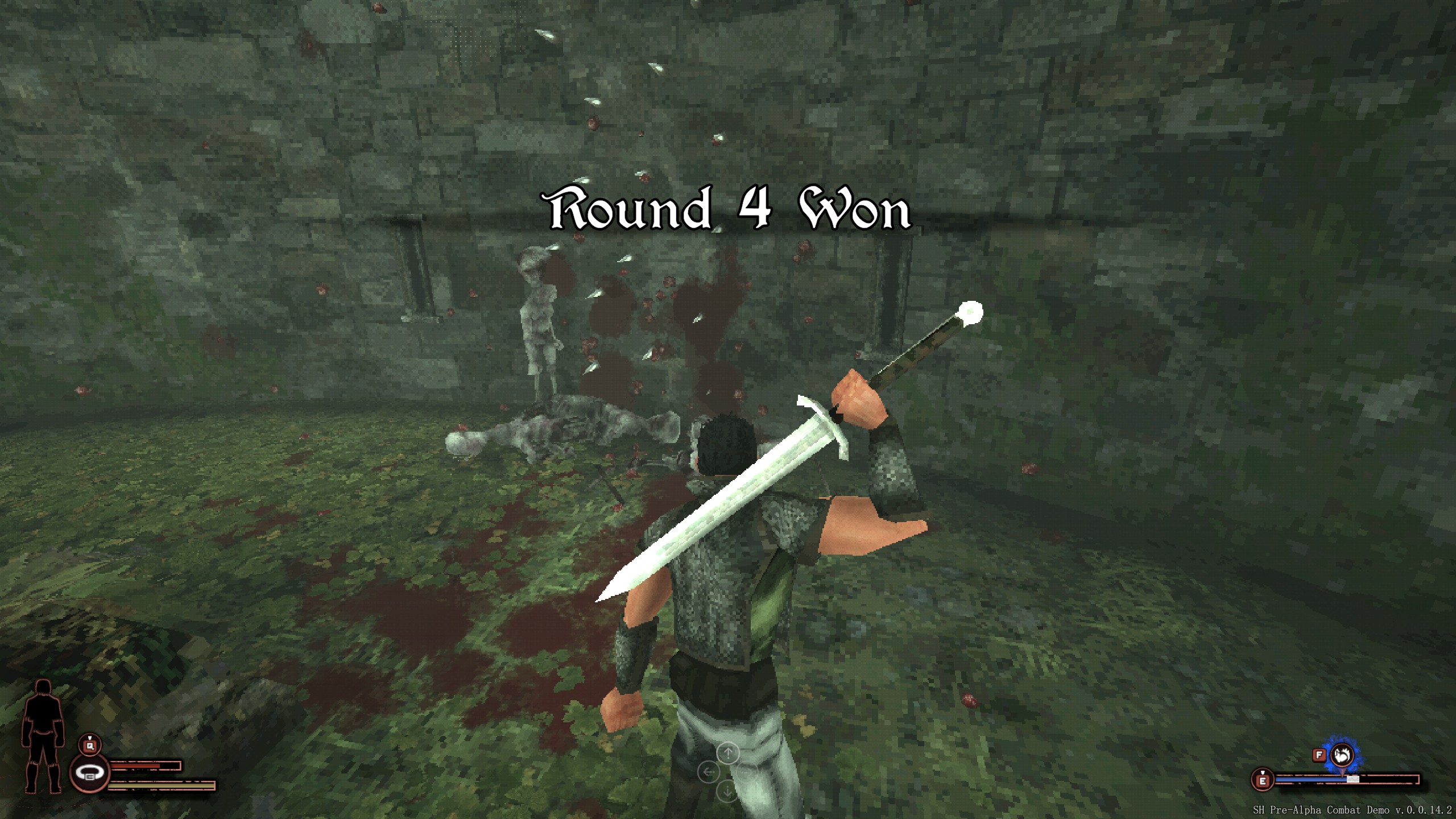 Sword hero examining enemies kicked into spike trap with 