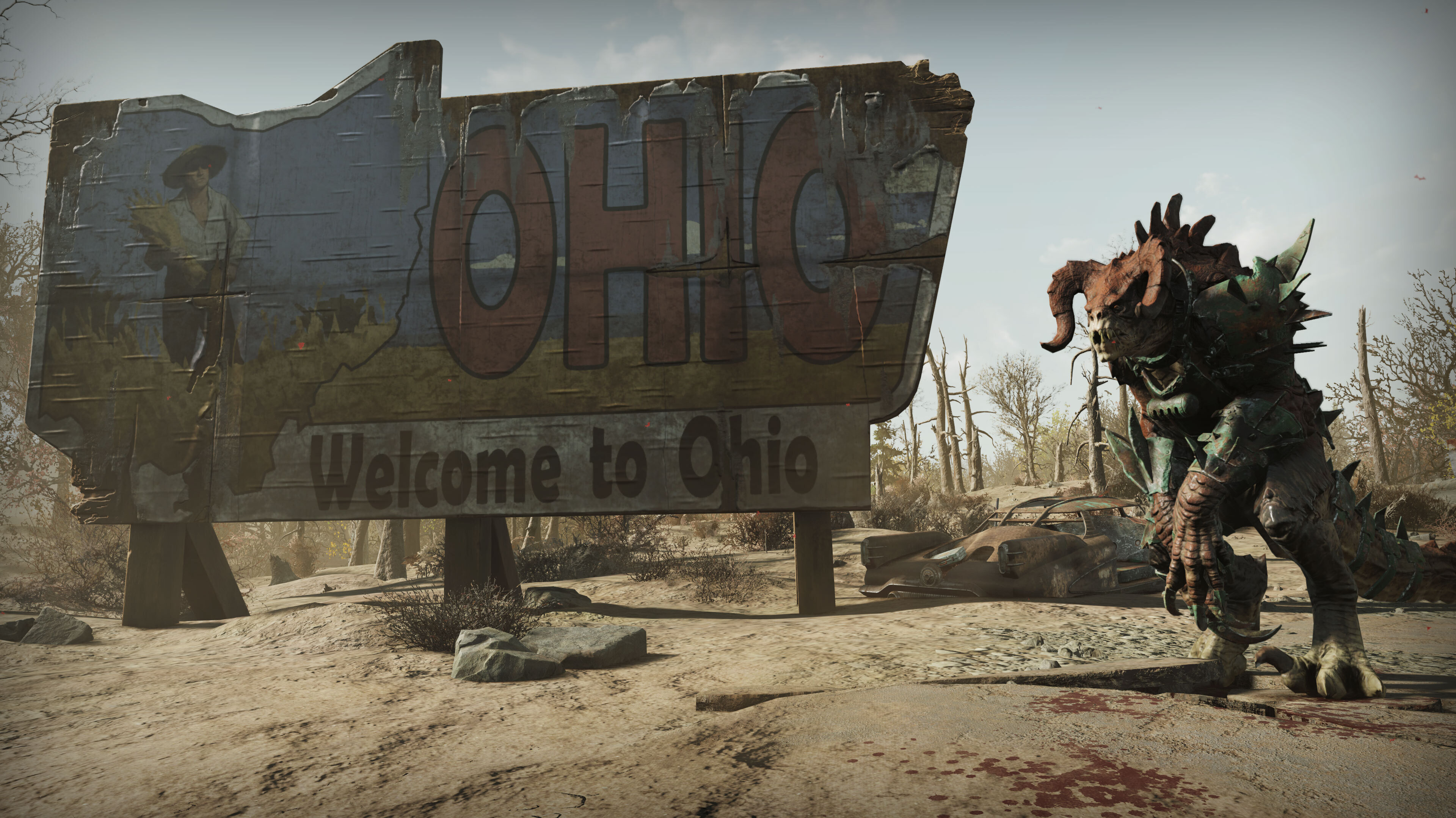 Deathclaw next to the state sign for Ohio