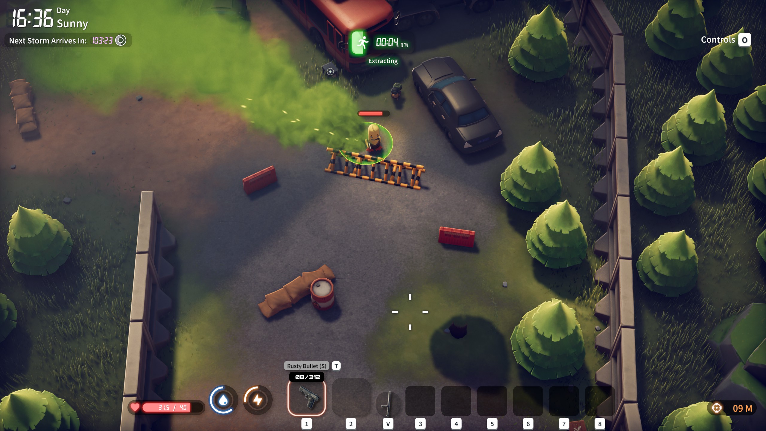 Escape From Duckov - A player stands in a green circle full of green smoke with an extraction timer in the display.