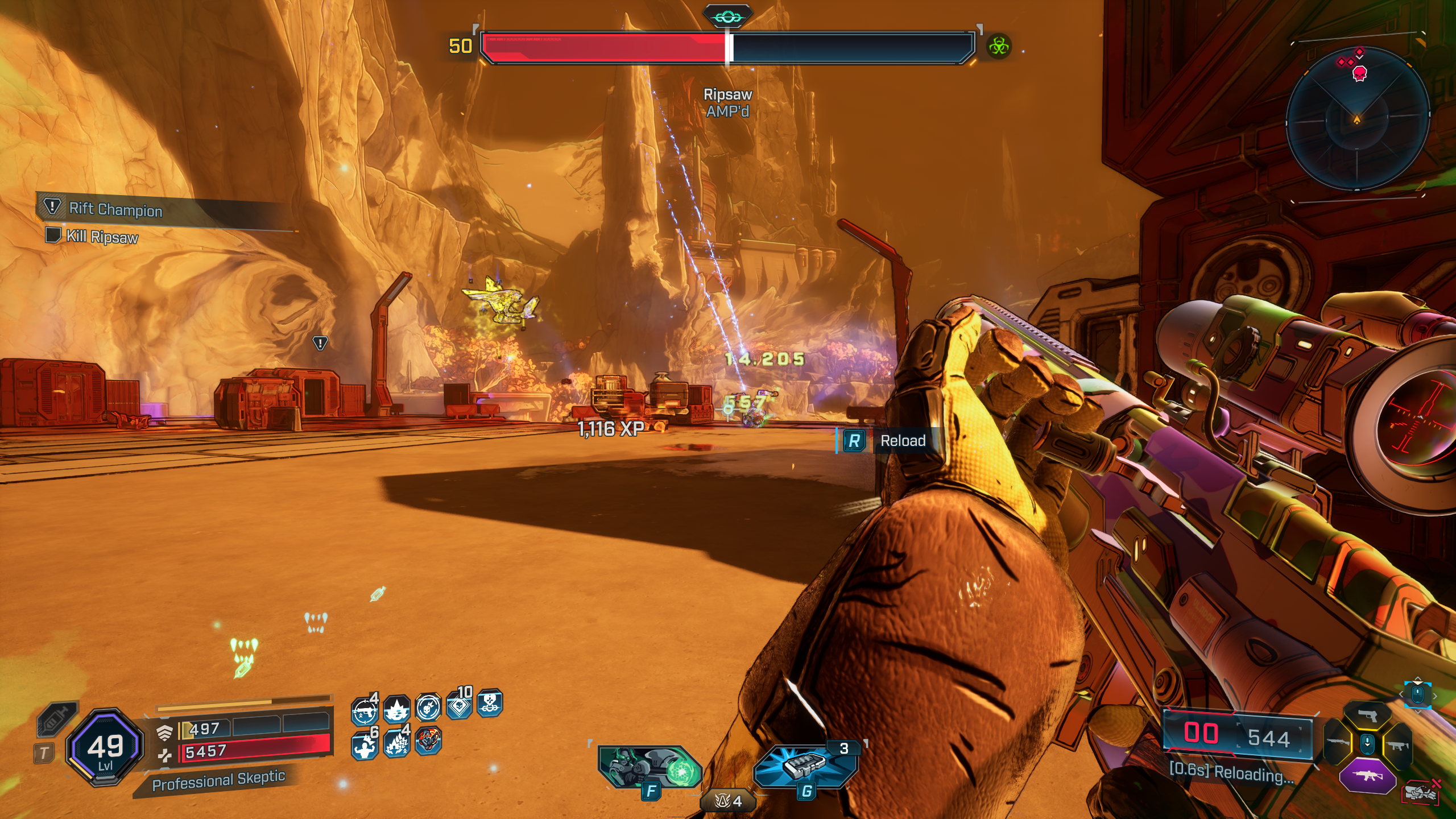 Borderlands 4 Rift Champion world bosses: A player reloading their gun while fighting a Rift Champion during the Horrors of Kairos Halloween event.