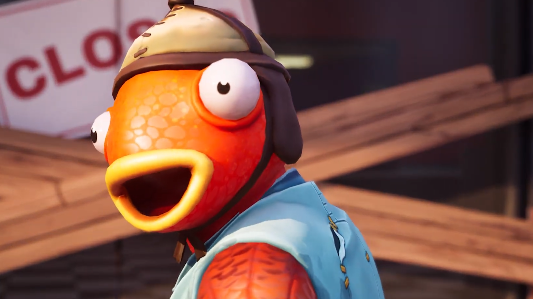 A screenshot of a fish man fromo the Fortnite Diner Tycoon trailer.