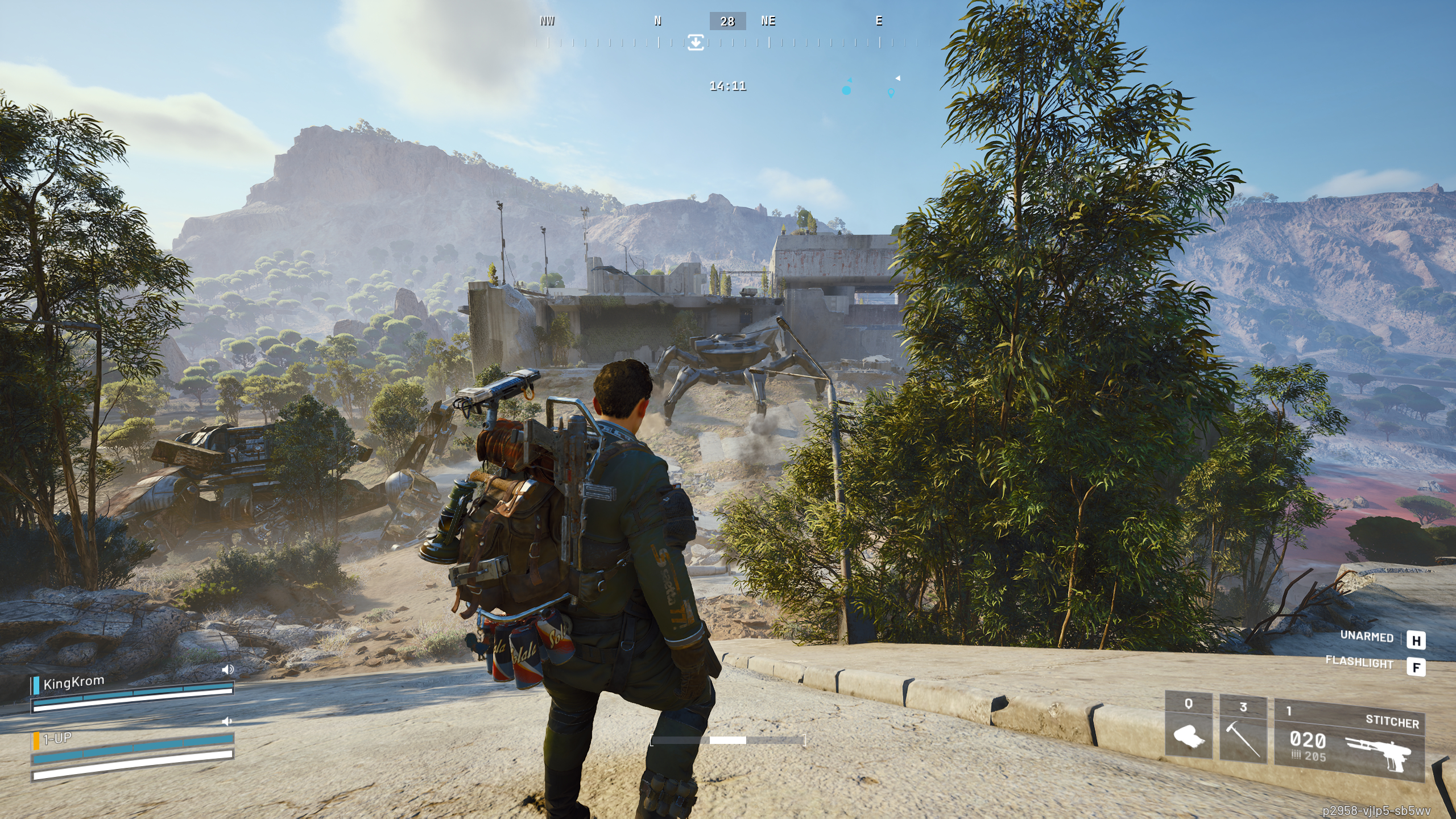 Arc Raiders Matriarch: A player looking at a Matriarch walking around in the broken section of the dam wall in the distance.