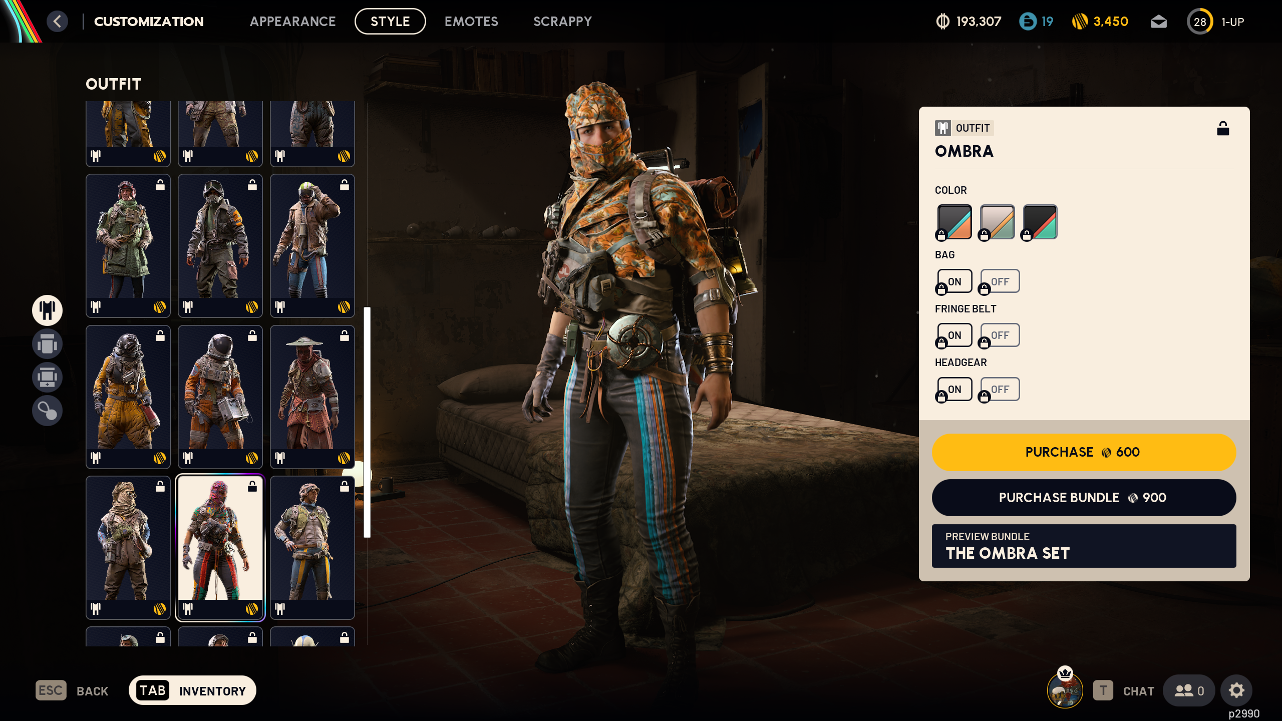 Arc Raiders cosmetics: The Ombra outfit in the raider customisation menu.