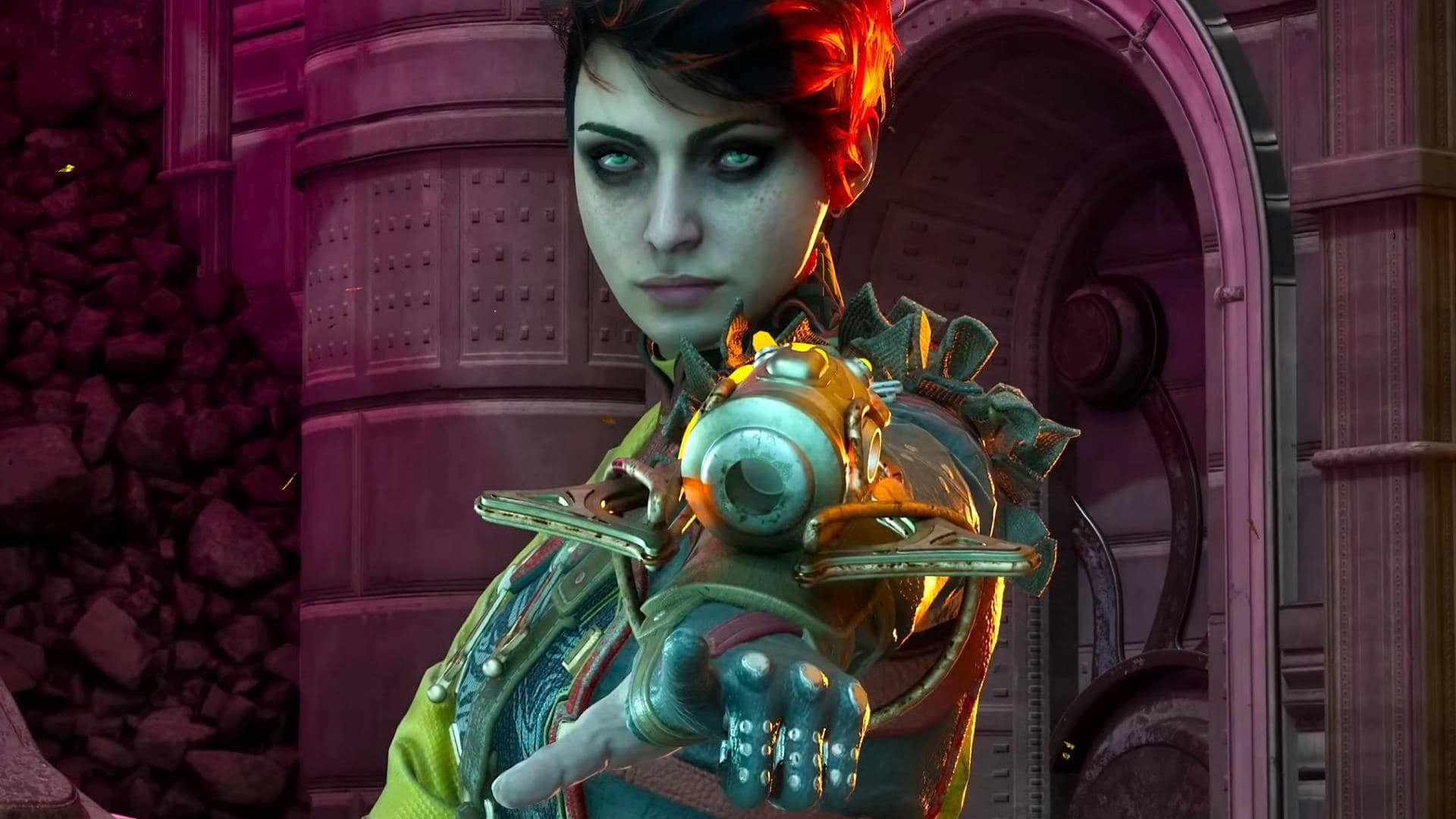 Aza, a companion from The Outer Worlds 2 with short black and red hair, blue eyes, and strange gadgetry equipped