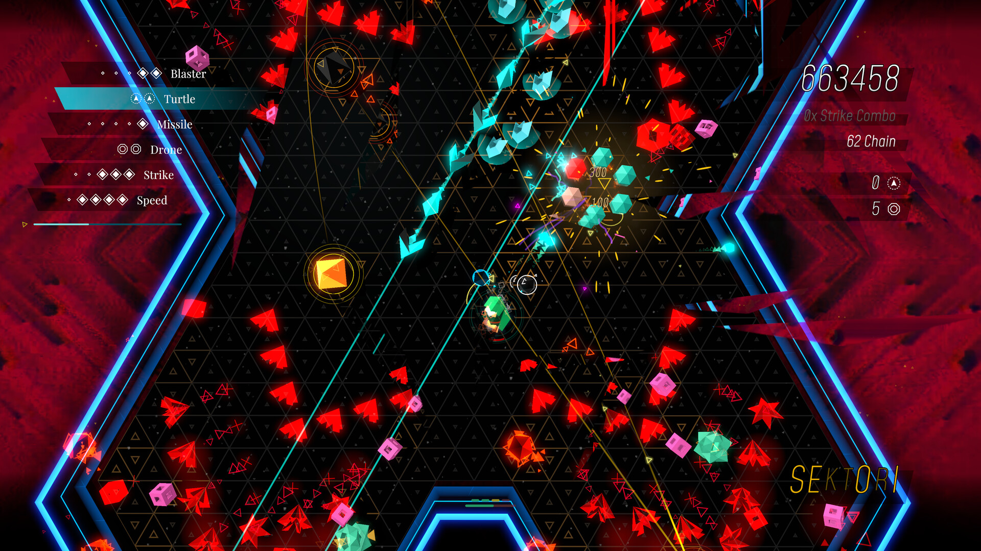 An arrow-shaped ship blasts colourful shapes in top-down arena combat in Sektori