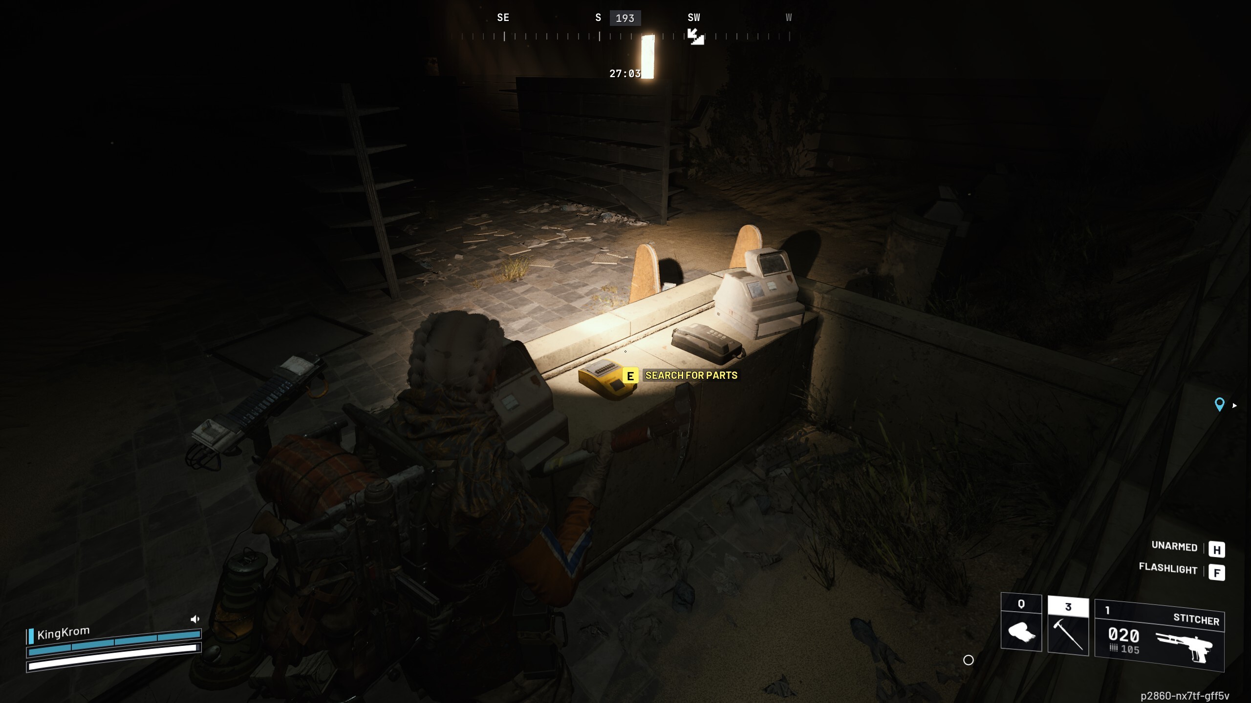 Arc Raiders Reveal in Ruins: A player with a flashlight looking at a small yellow box on the desk of a dark pharmacy.