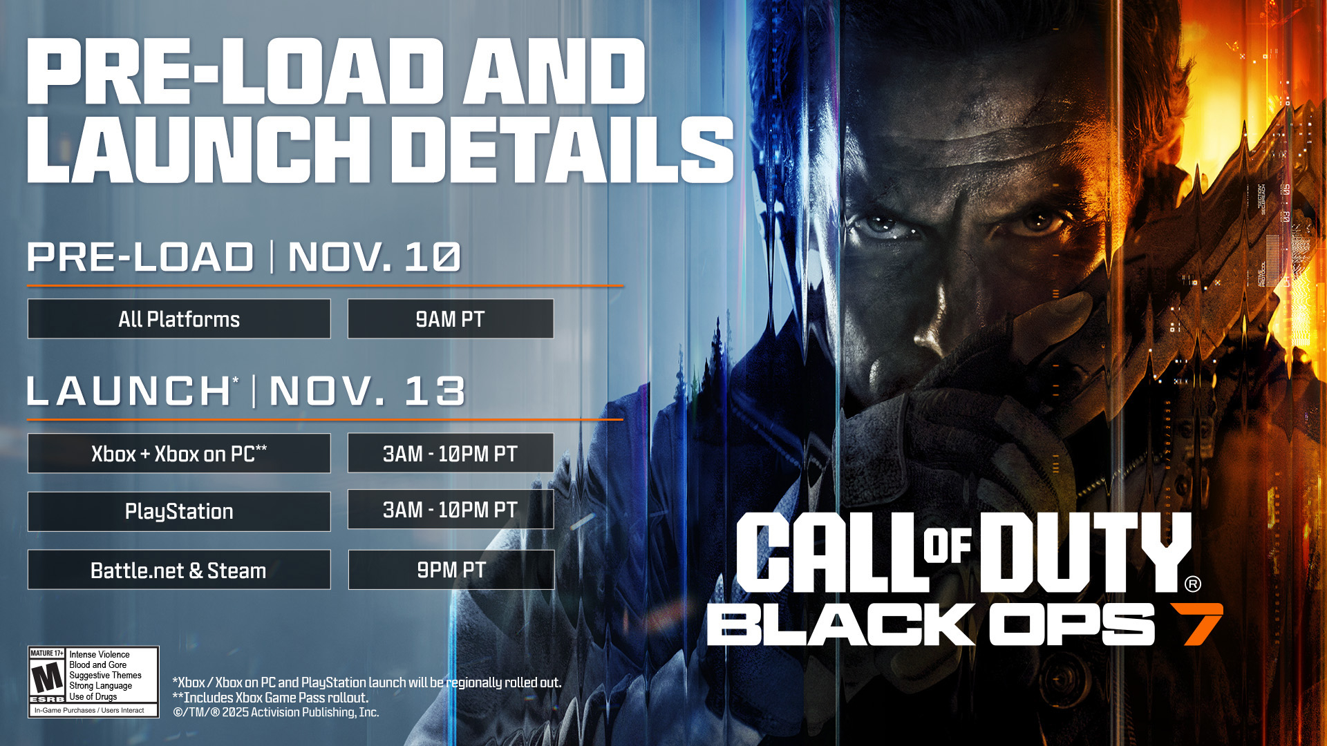 Black Ops 7 release times: An infographic showing the preload and launch times for the game. The character David Mason is on the right, with a pistol partially obscuring his face.