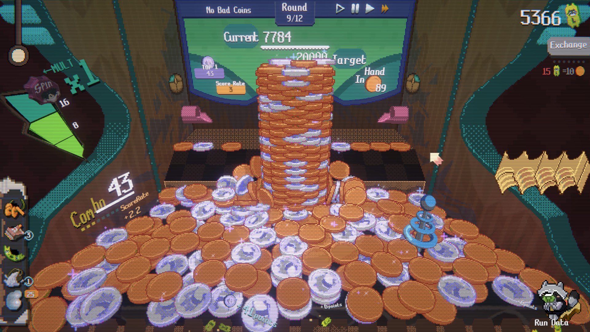 A tower of coins in the coin machine in Raccoin.