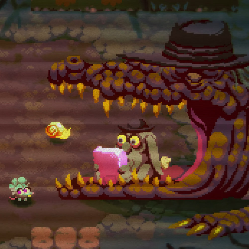 The mouse-like protagonist from Morsel standing in front of a gator wearing a hat - it's got its mouth open like it's going to eat her