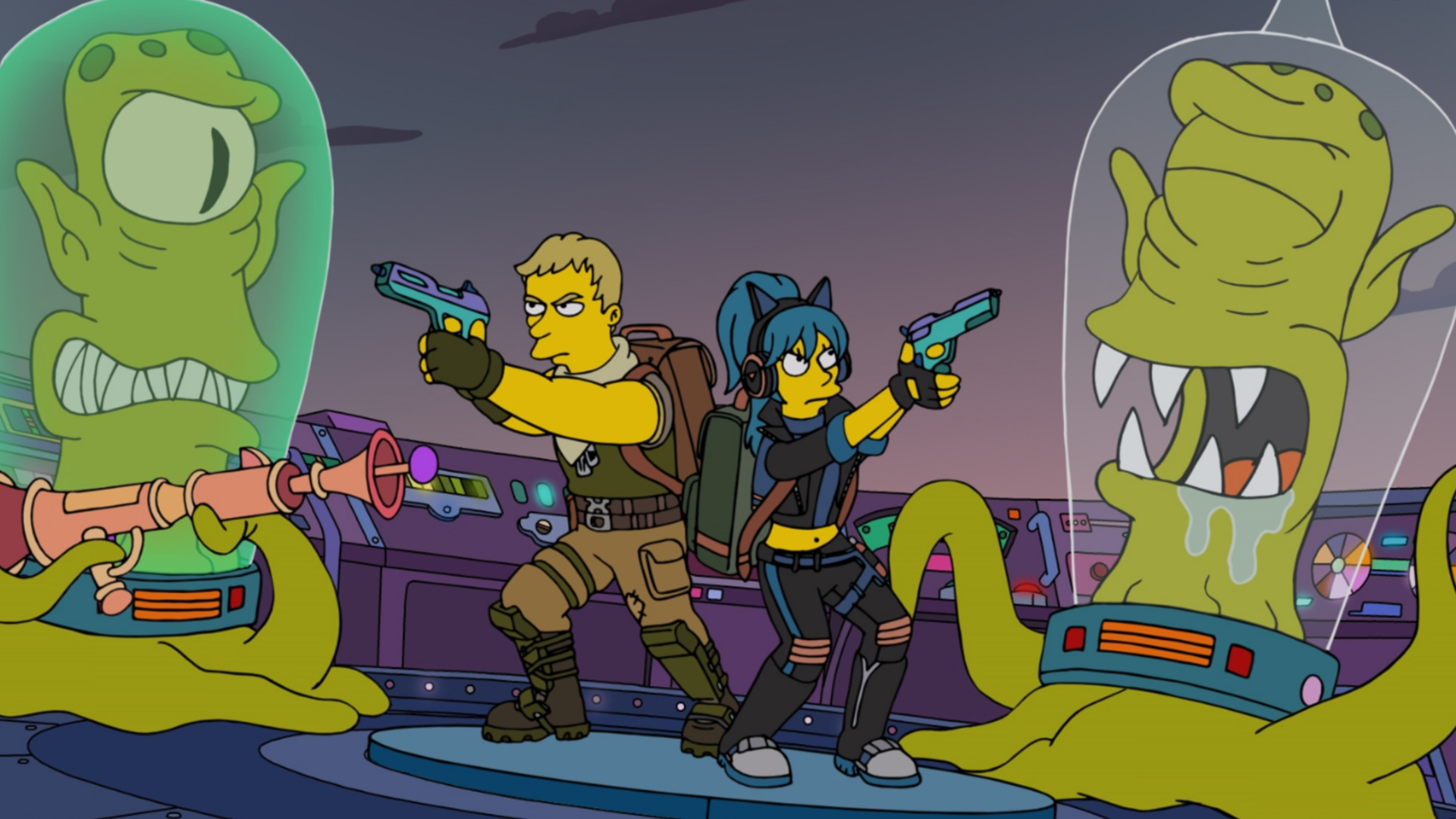Jonesy and Hope drawn in the Simpsons style with guns drawn at Kang and Kodos.