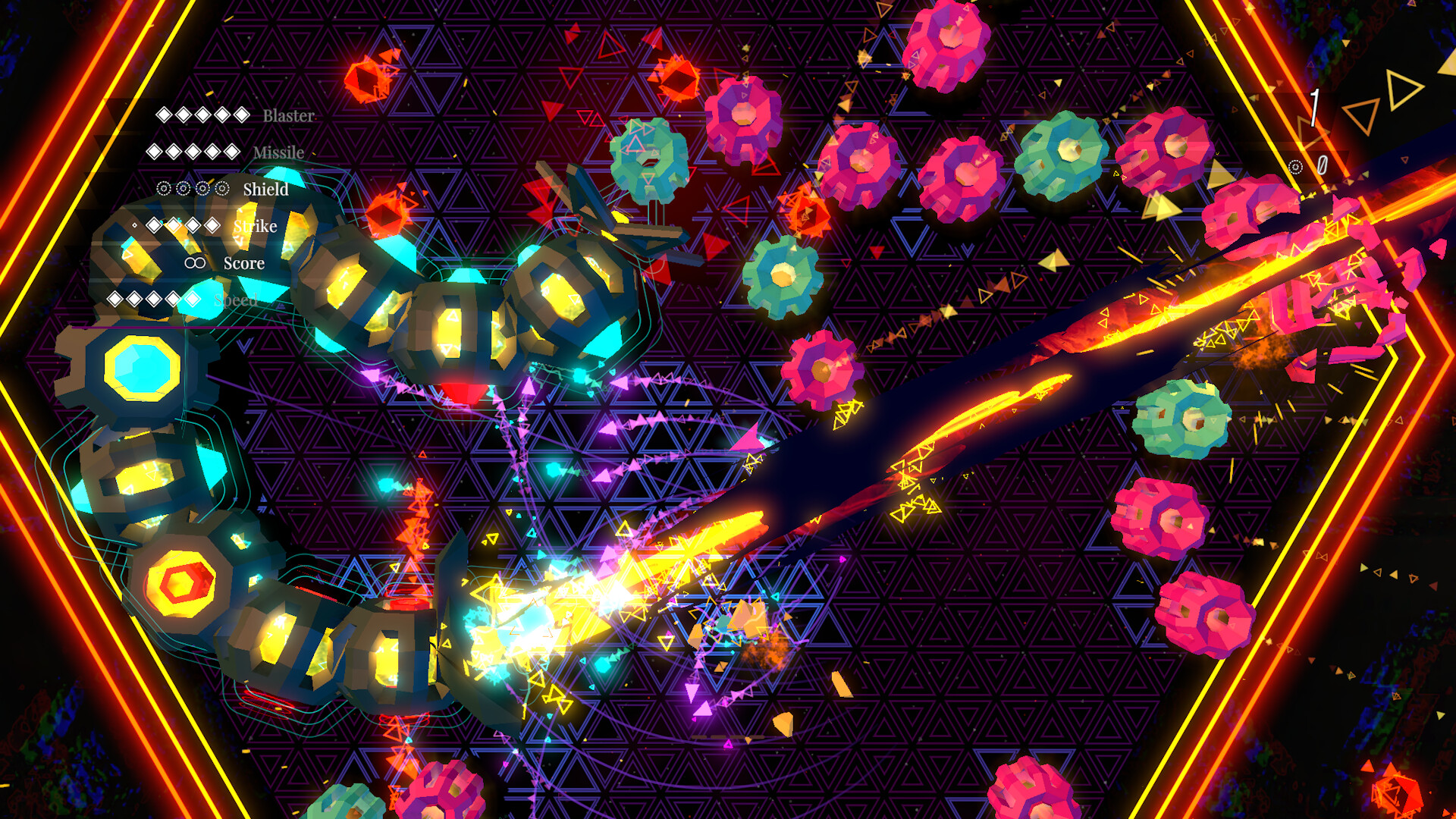 An arrow-shaped ship blasts colourful shapes in top-down arena combat in Sektori