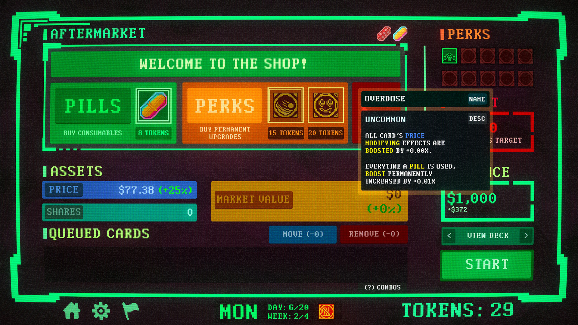 The shop screen in Insider Trading.
