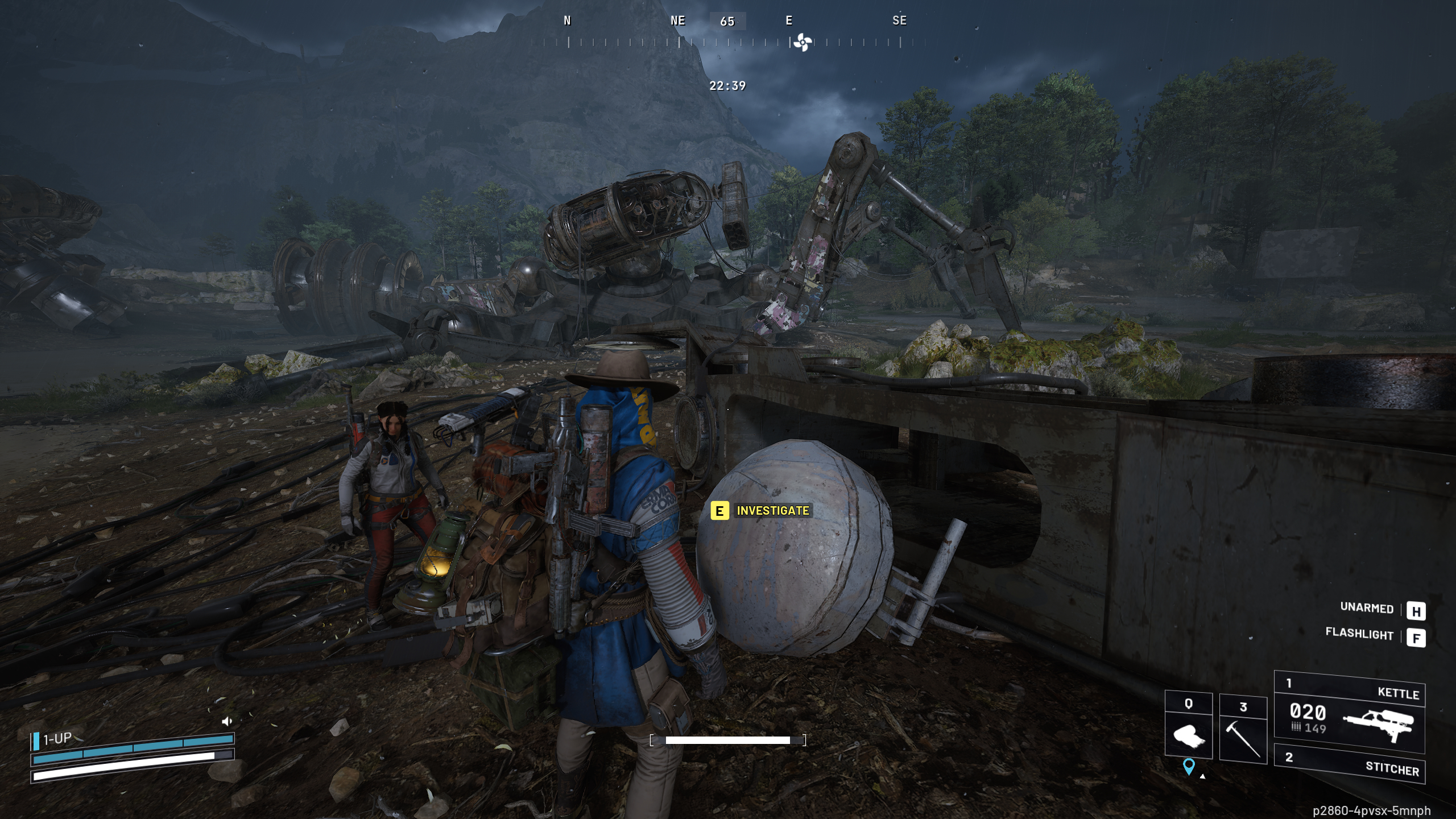 Arc Raiders With a Trace: A player interacting with the Arc robot leg on a mound in the water in the Barren Clearing.