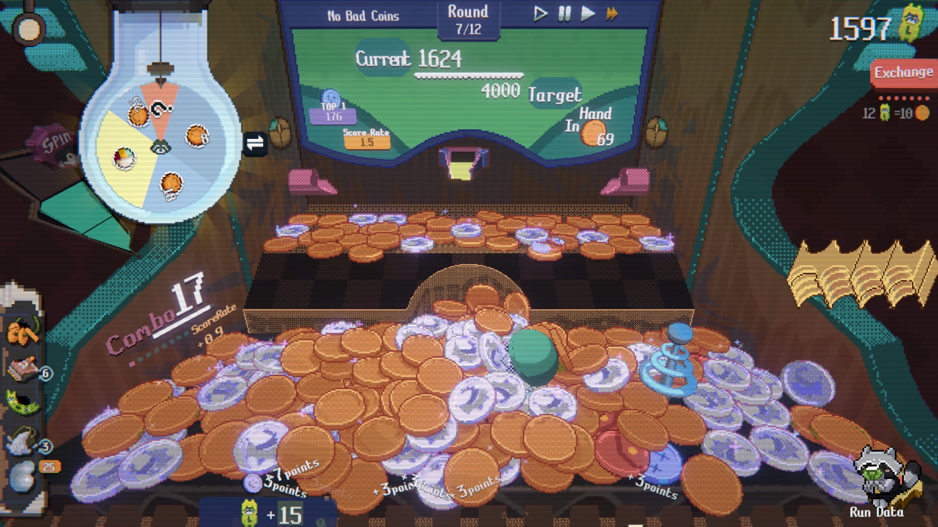 The coin machine full of lots of silver coins and other special coin types and prizes in Raccooin.