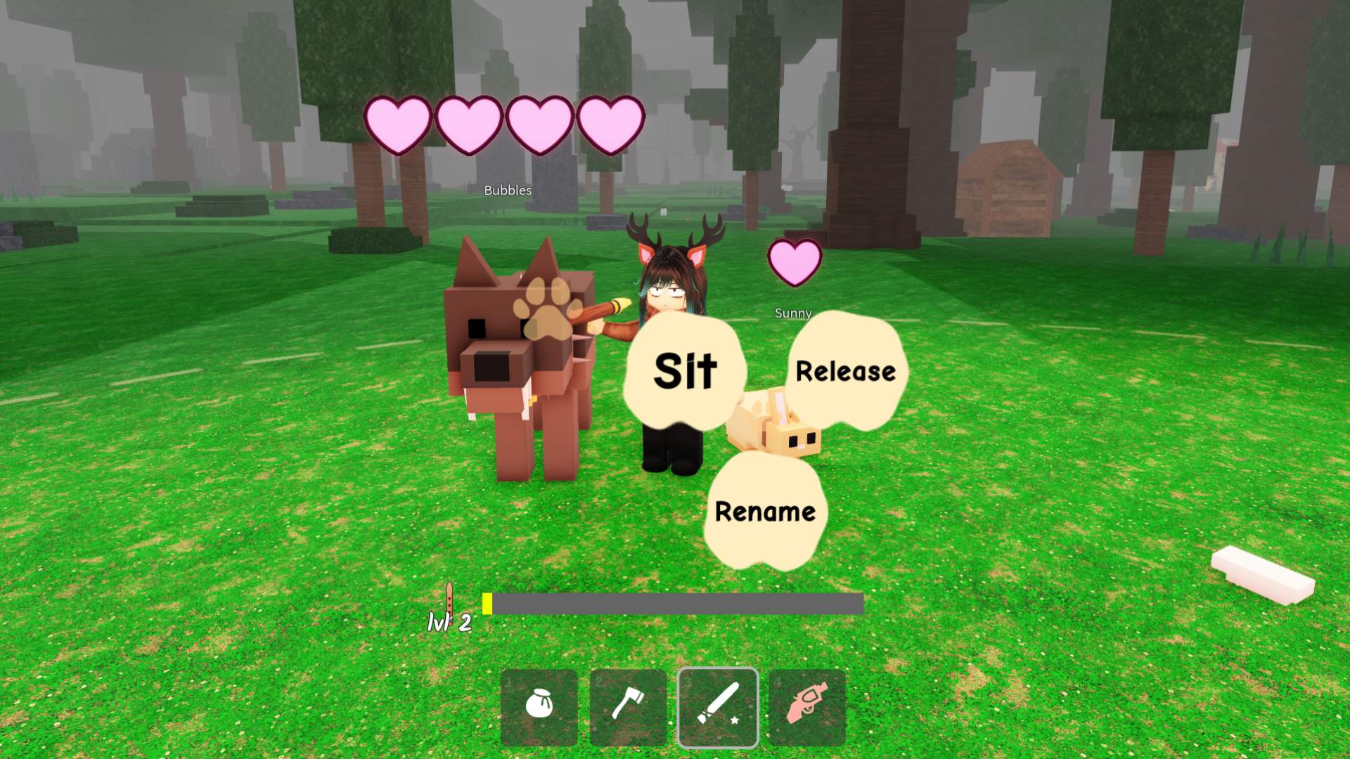 The pet taming menu in 99 Nights in the Forest. The tamed wolf is standing beside a player, who has the options to Sit, Release, or Rename.