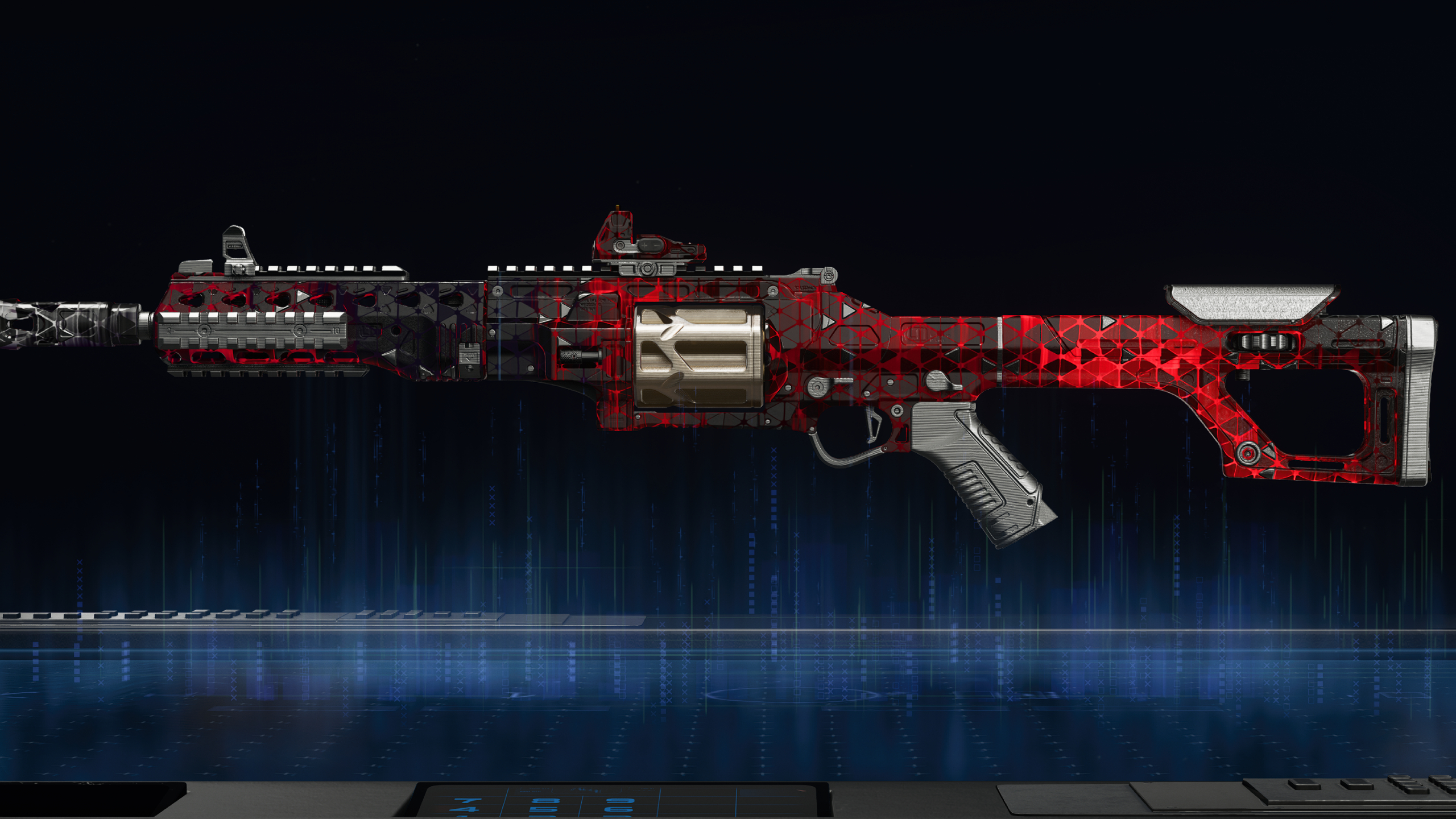 BO7 meta guns: The Warden 308 marksman rifle in a red camo against a dark black and blue background.