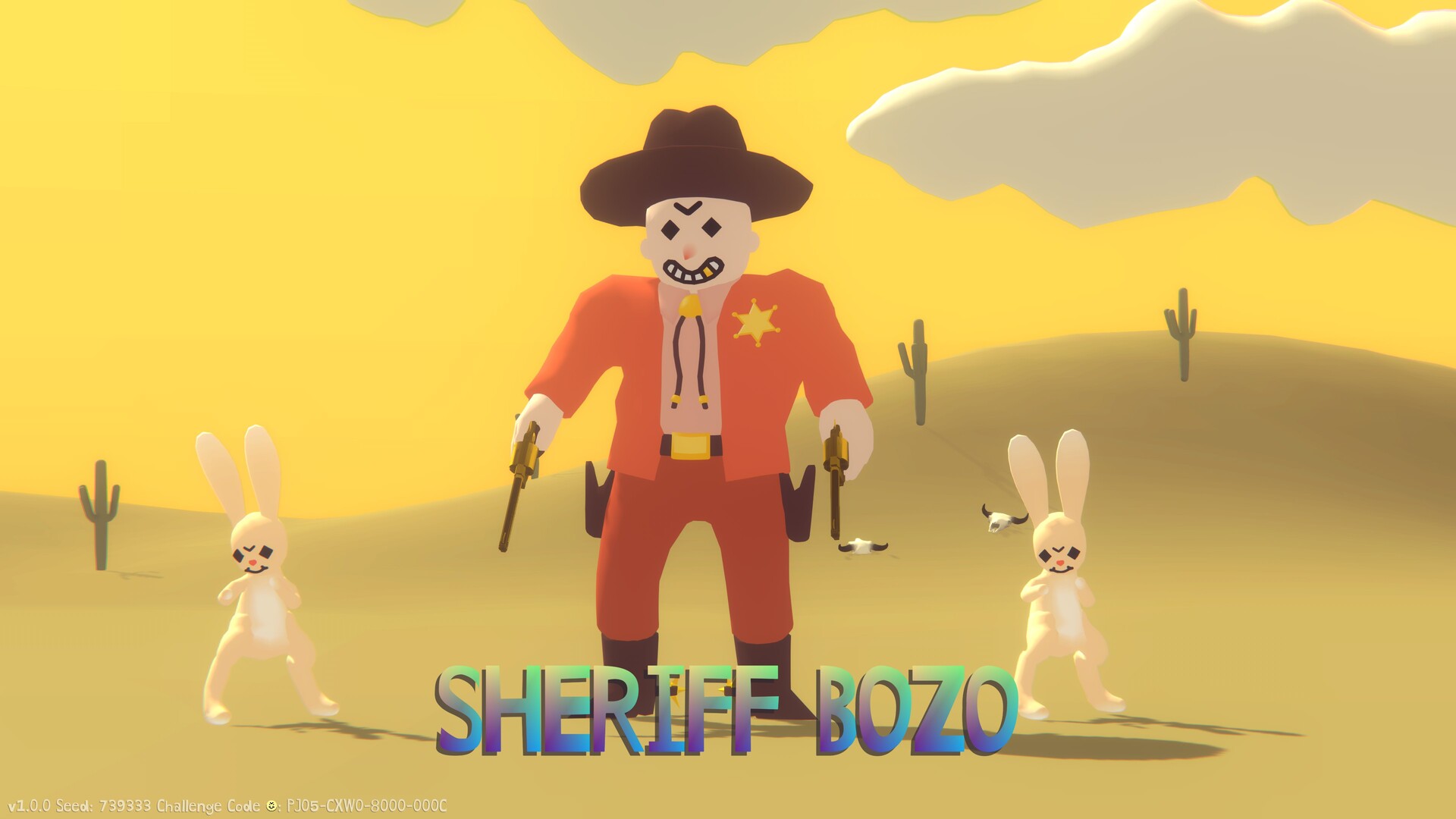 A grinning sheriff with two rabbit minions in Dog Witch.