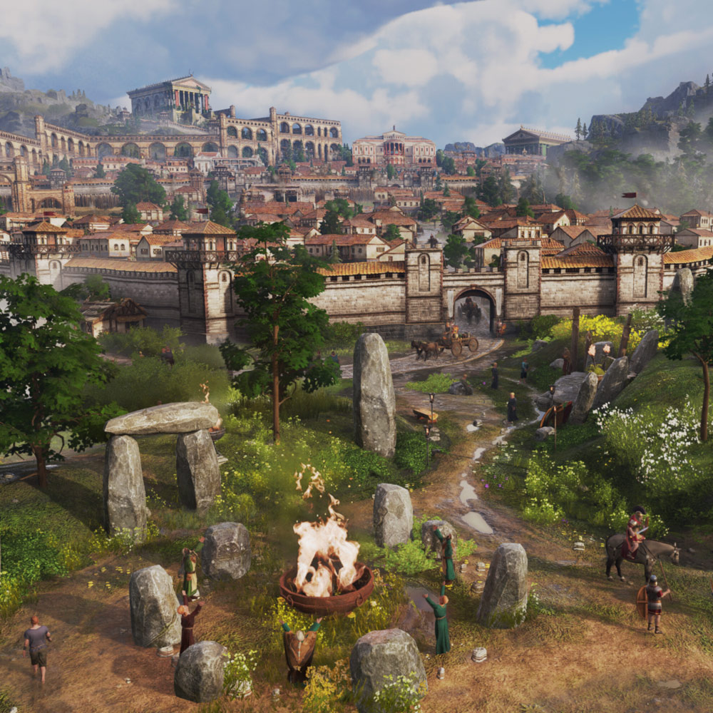 A roman city from Anno 117: Pax Romana with a fire and stones just outside of the gates