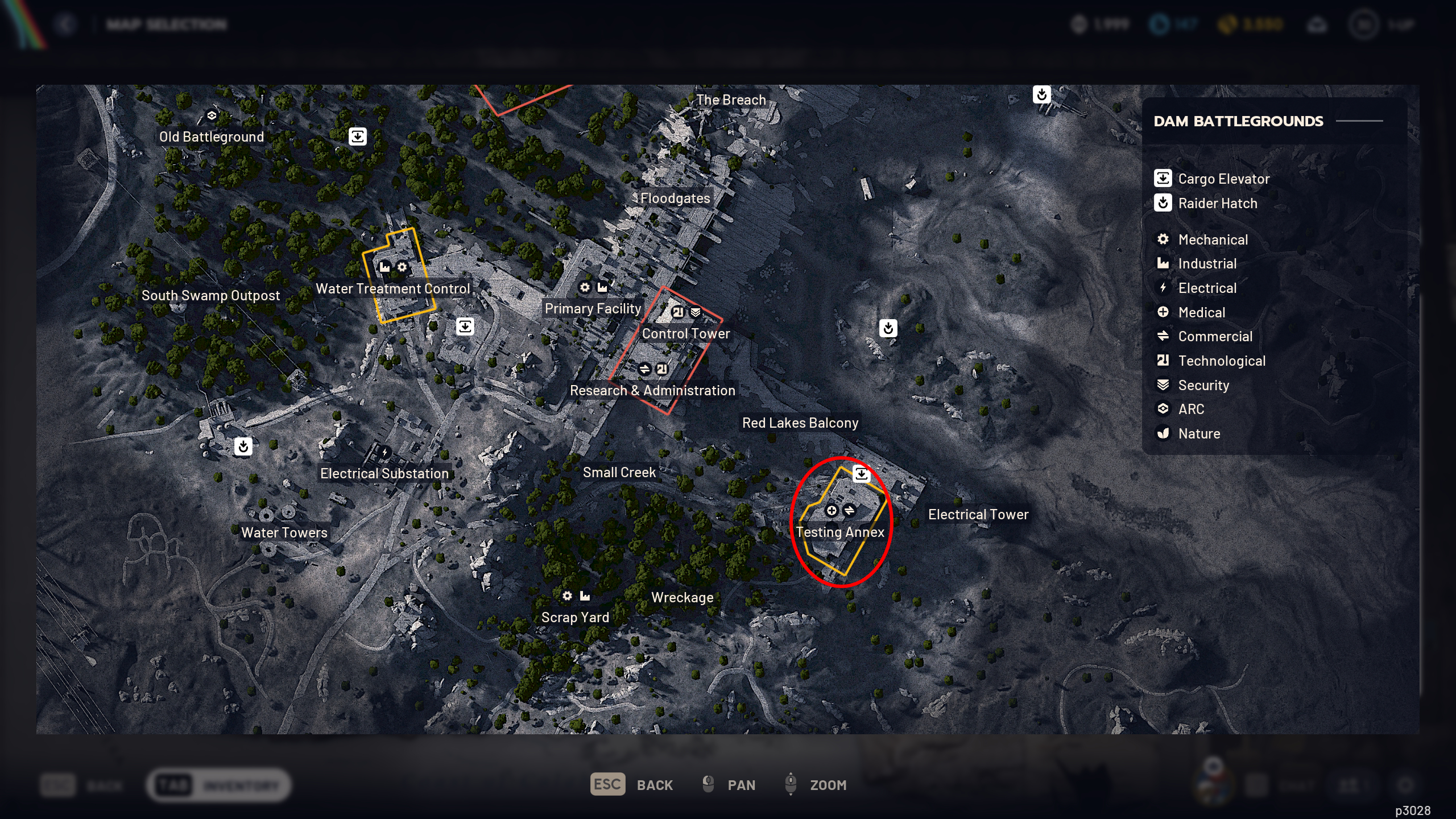 Arc Raiders laboratory reagents: A map of Buried City with a red oval highlighting the Testing Annex area.