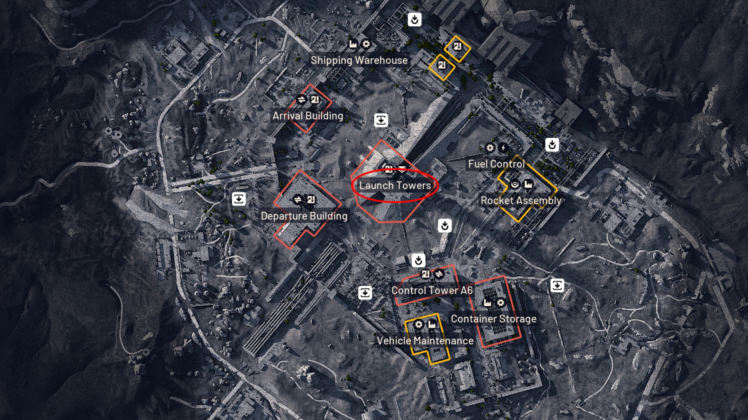 Arc Raiders Matriarch: A map of Spaceport with a red oval marking the Launch Towers area at the centre of the map.