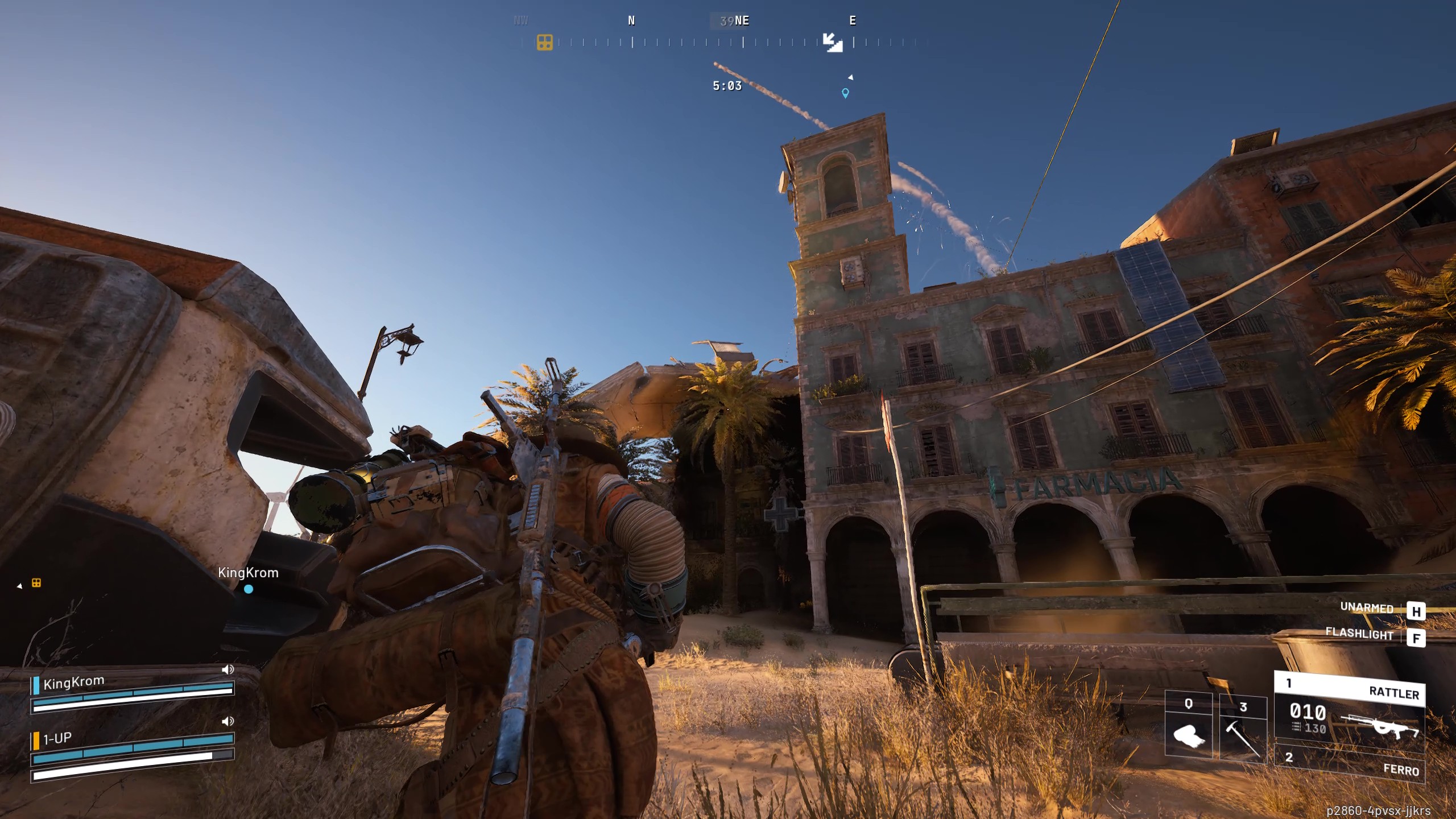 Arc Raiders Reveal in Ruins: A player walking by the exterior of the Piazza Arbutso pharmacy in Buried City.