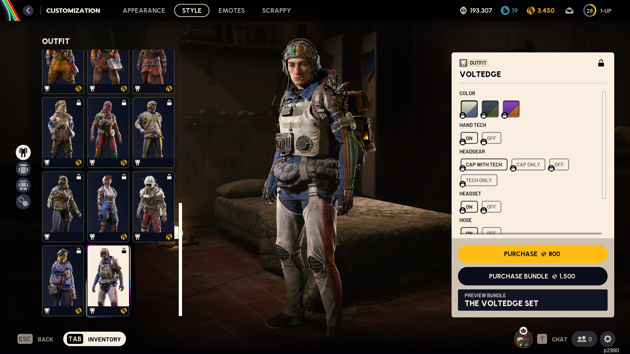 Arc Raiders cosmetics: The Voltedge outfit in the raider customisation menu.
