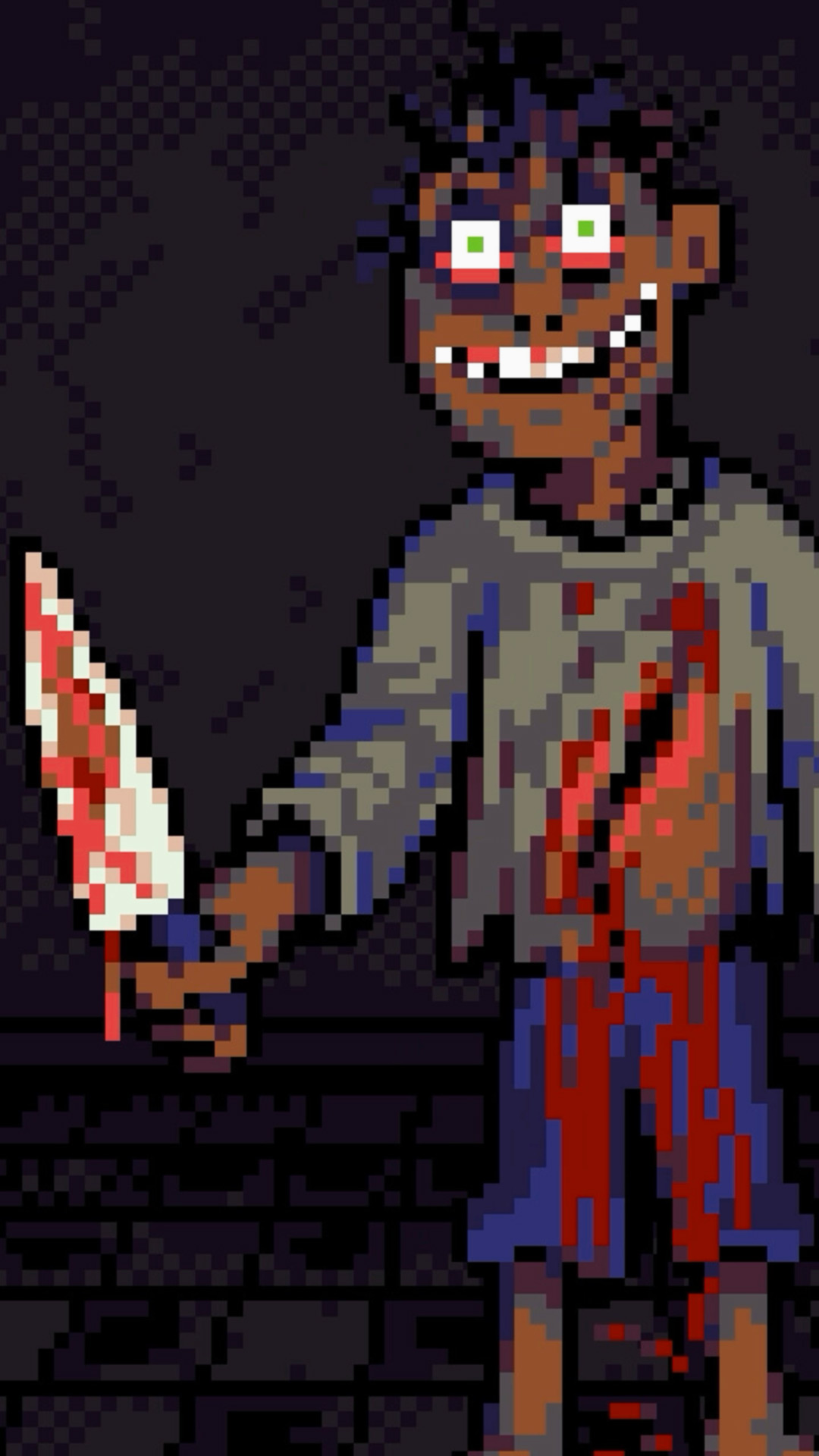 A creepy man holding a bloody knife in a pixel art style from the game Look Outside