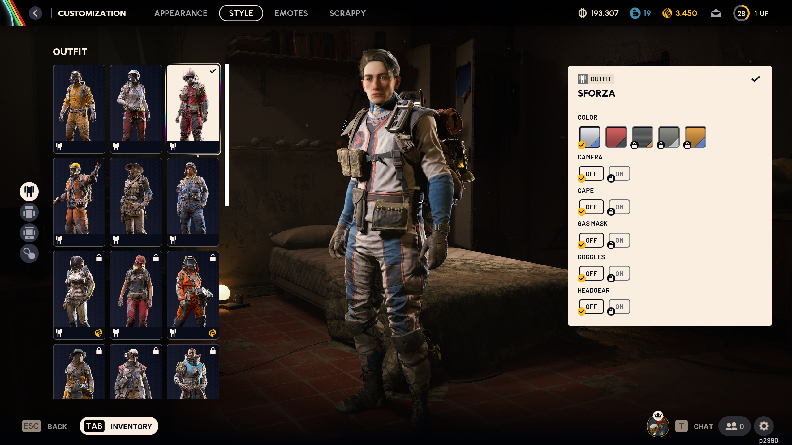 Arc Raiders cosmetics: The Sforza outfit in the raider customisation menu.