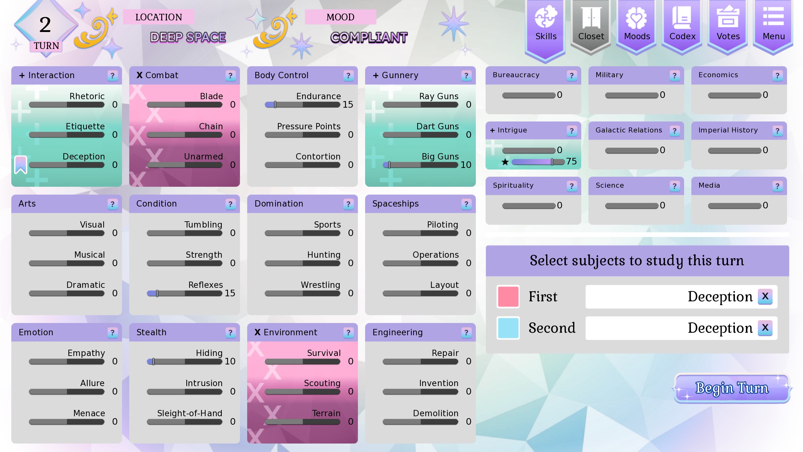 A screen showing all Zorana's skills.
