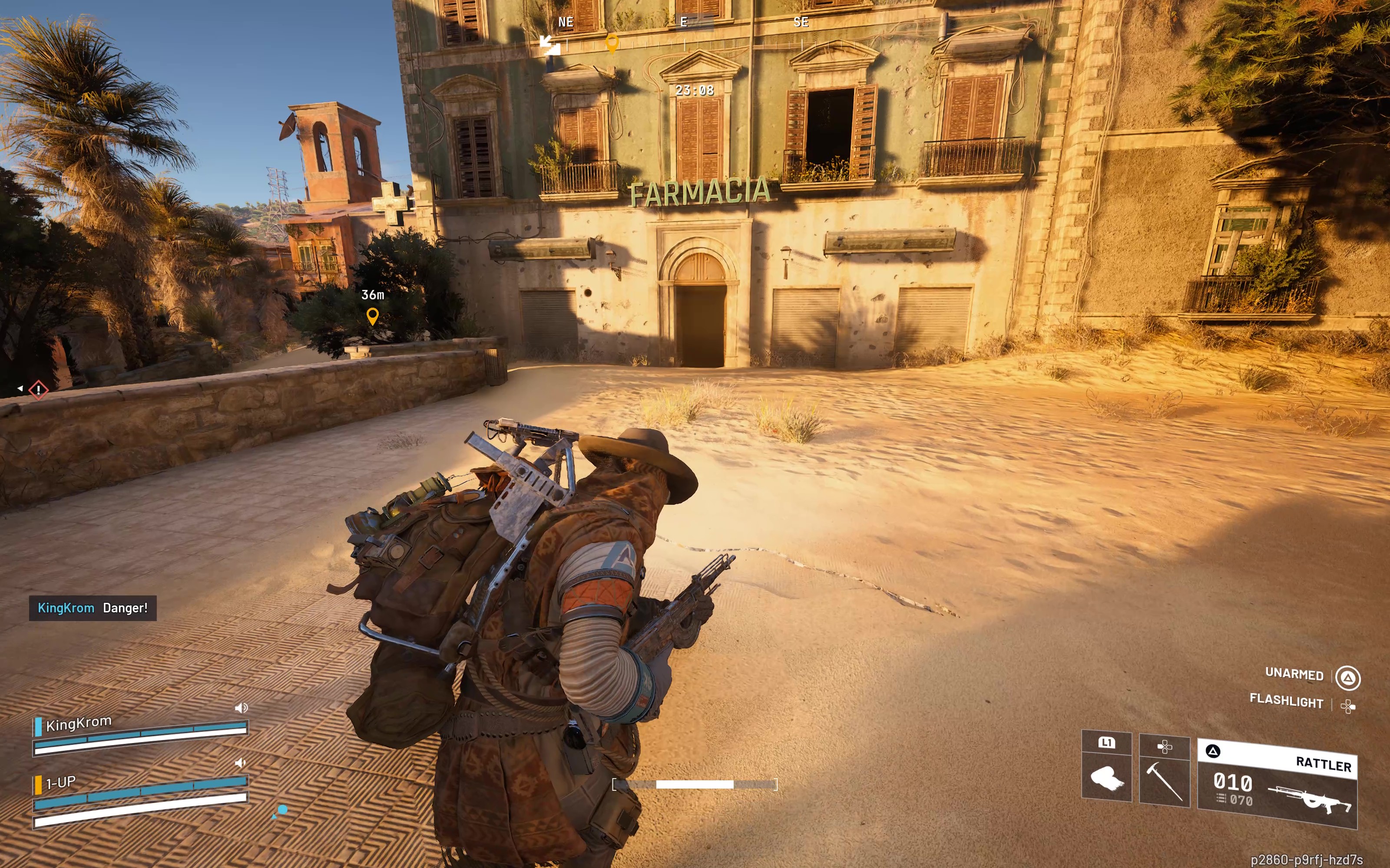 Arc Raiders Reveal in Ruins: A player walking towards the exterior of the Plaza Rosa pharmacy in Buried City.