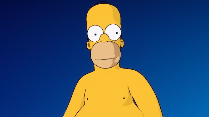 Homer stands, shirtless and gormless.