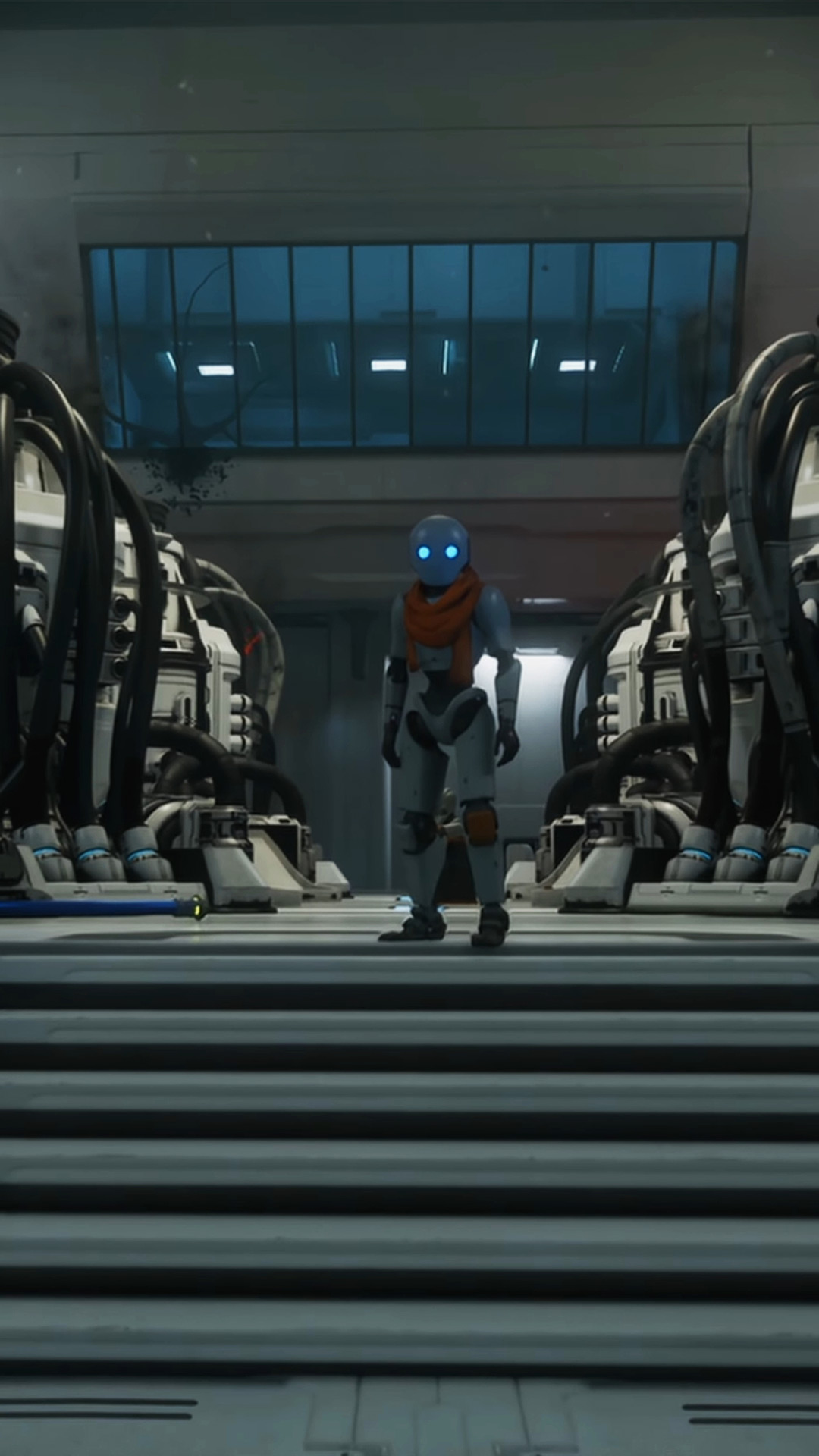 The Last Caretaker - A tall white robot with blue eyes standing at the top of some steps