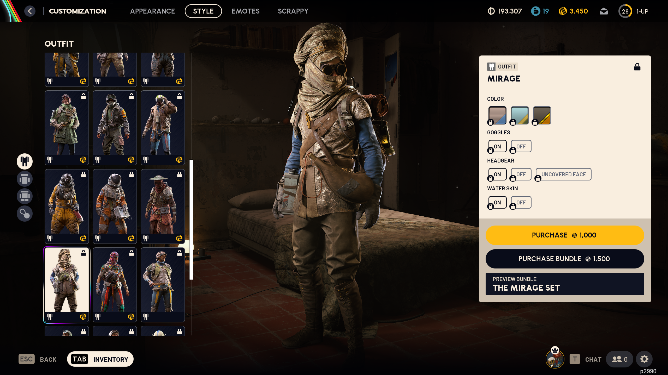 Arc Raiders cosmetics: The Mirage outfit in the raider customisation menu.