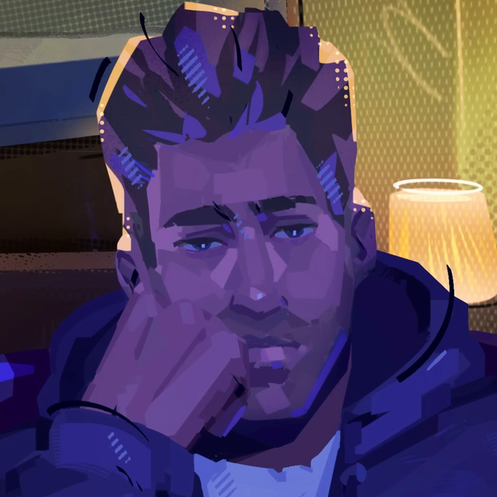 A comic book-style painting of a man with his fist balled up leaning his face into it