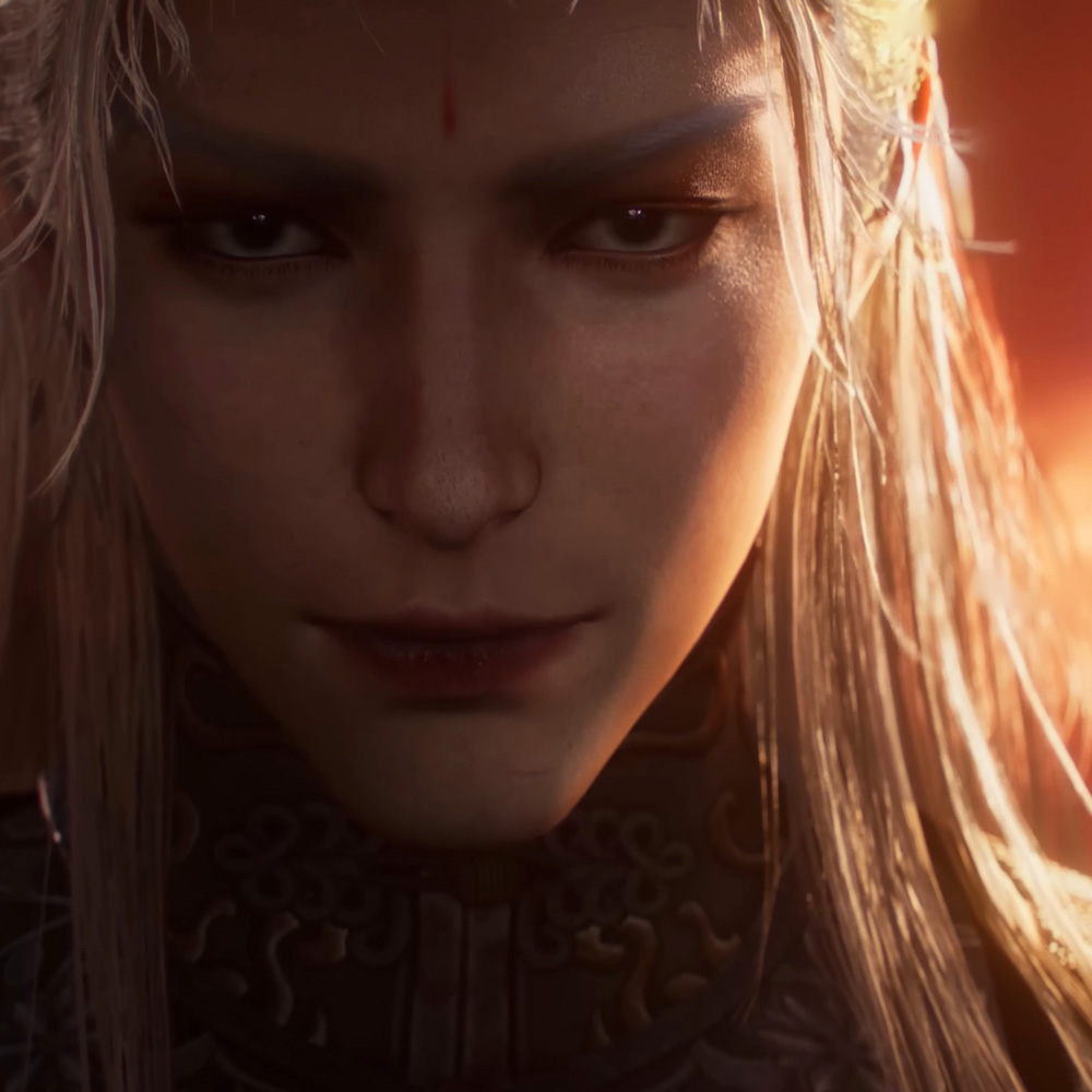 Where Winds Meet - The face of a man with long white hair, strong pointy jawline, standing in front of a setting sun