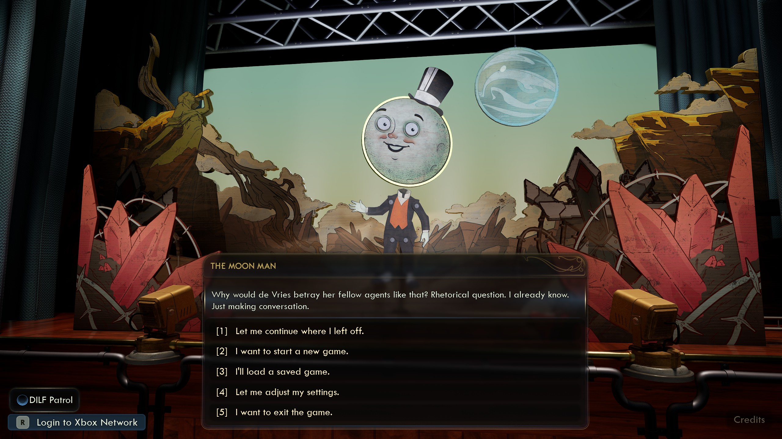 Main menu screen of The Outer Worlds 2 structured as a conversation with an animatronic Moon Man.