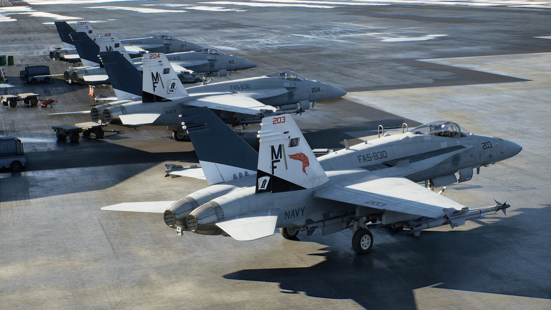 Planes lined up on the deck of an aircraft carrier in Ace Combat 8.