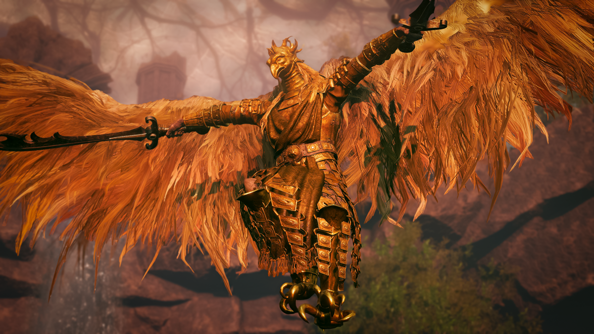 A screenshot of the divine bird warrior enemy from Elden Ring: Shadow of the Erdtree DLC. A figure in golden armor flies up into the sky with massive wings.