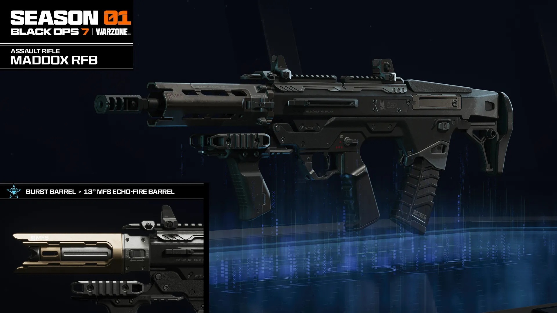 Black Ops 7 Season 1: The Maddox RFB assault rifle against a dark blue background, and a box in the bottom left highlighting it's unique attachment.