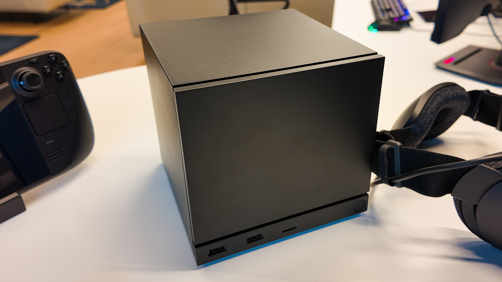 Valve's new Steam Machine during a visit to Valve HQ in Bellevue, Washington. The Steam Machine is a compact living room gaming PC.