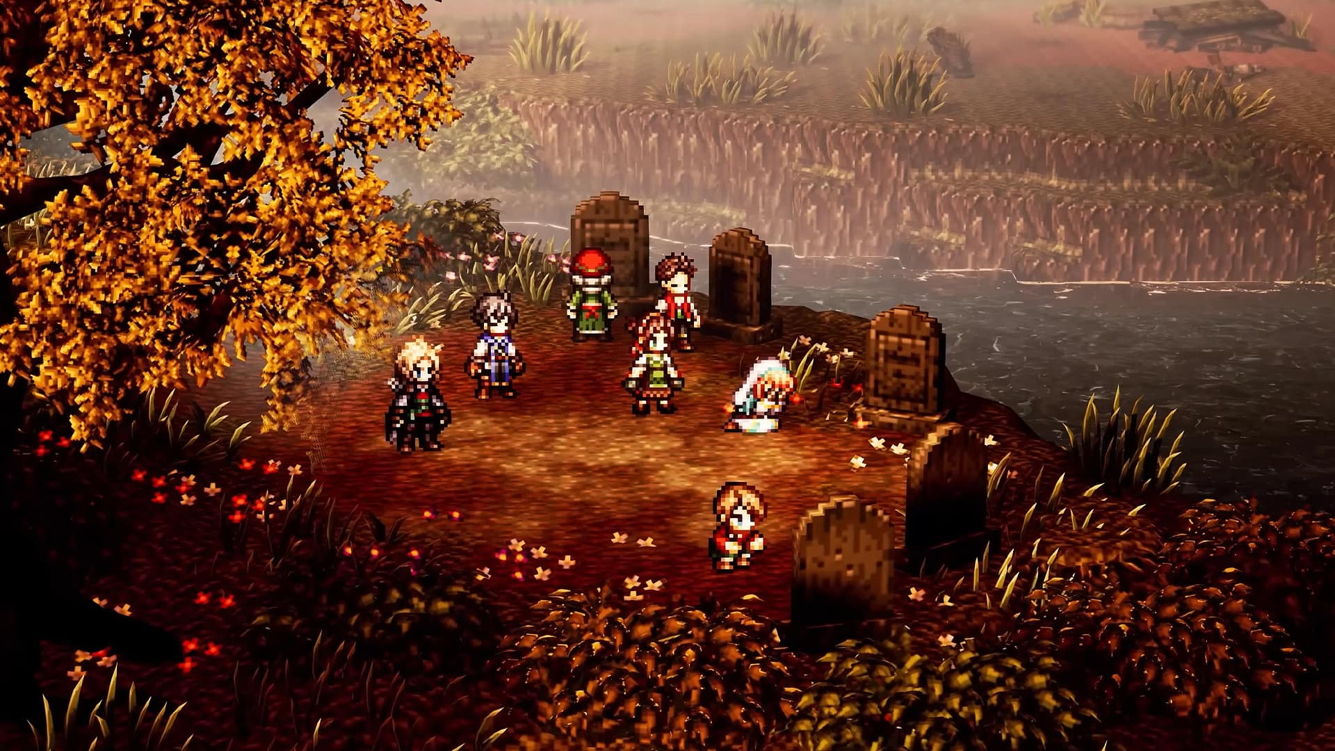 The HD-2D art style of Octopath Traveler 0, showing the main party all gathered outside at dusk watching as a woman cries in front of a grave.