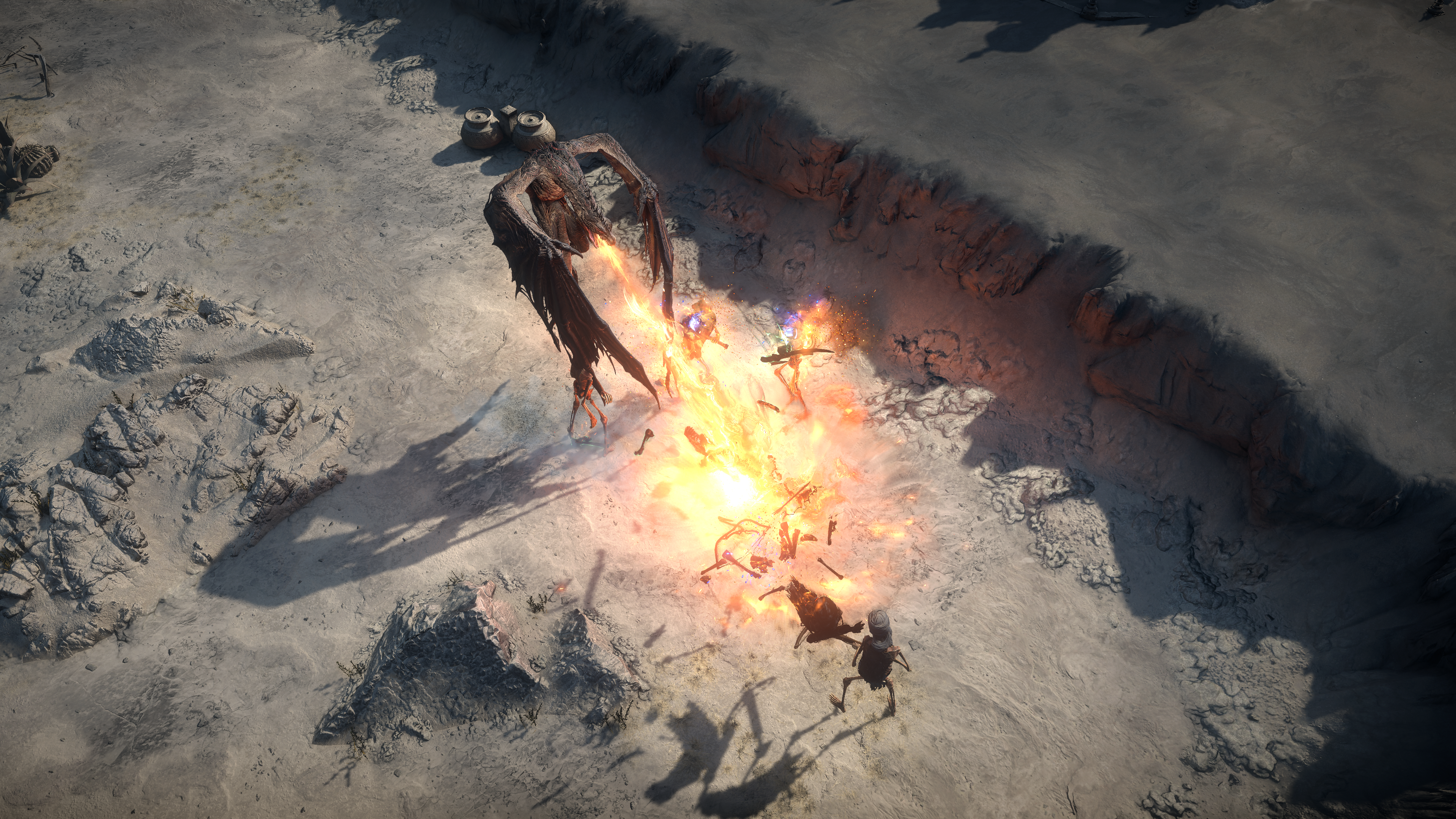 A promotional screenshot of Path of Exile 2's The Last of the Druids update. A wyvern spews fire breath down on unsuspecting foes.
