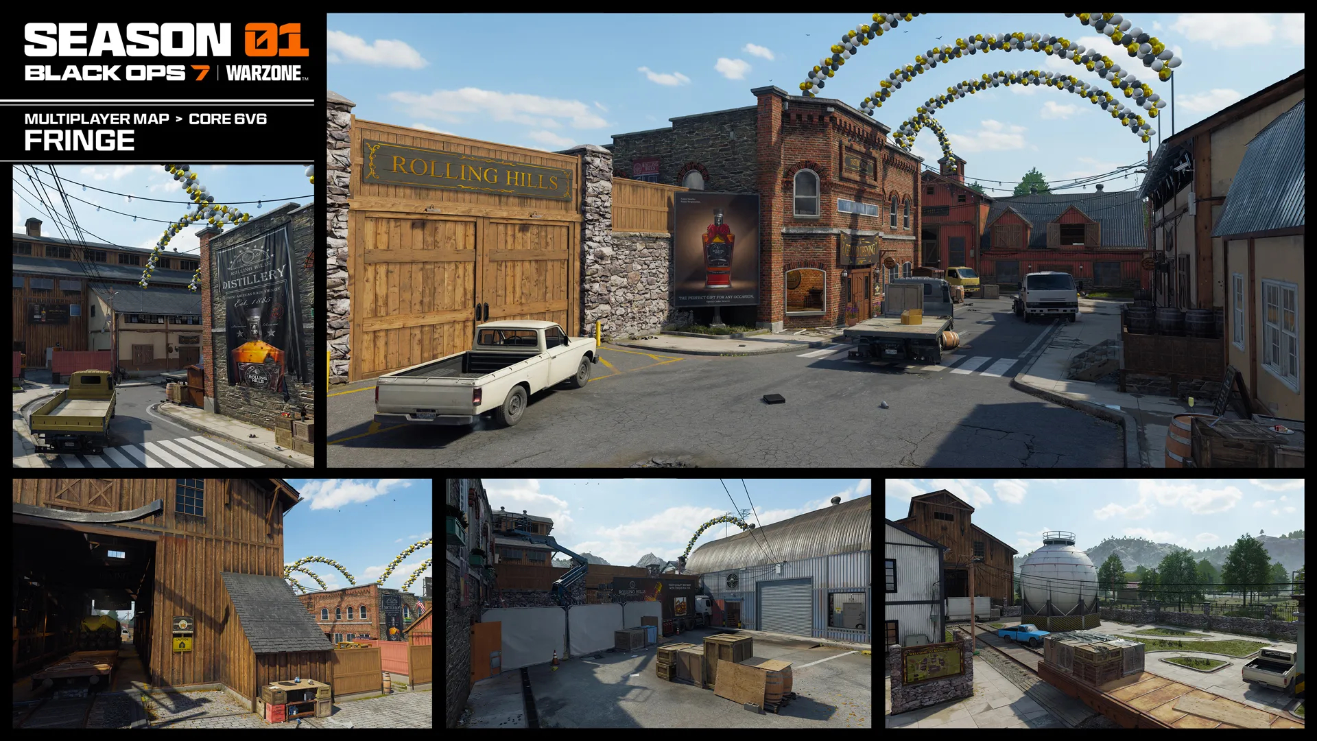 Black Ops 7 Season 1: An official gallery overview image for the Fringe map, showing multiple different angles and locations.
