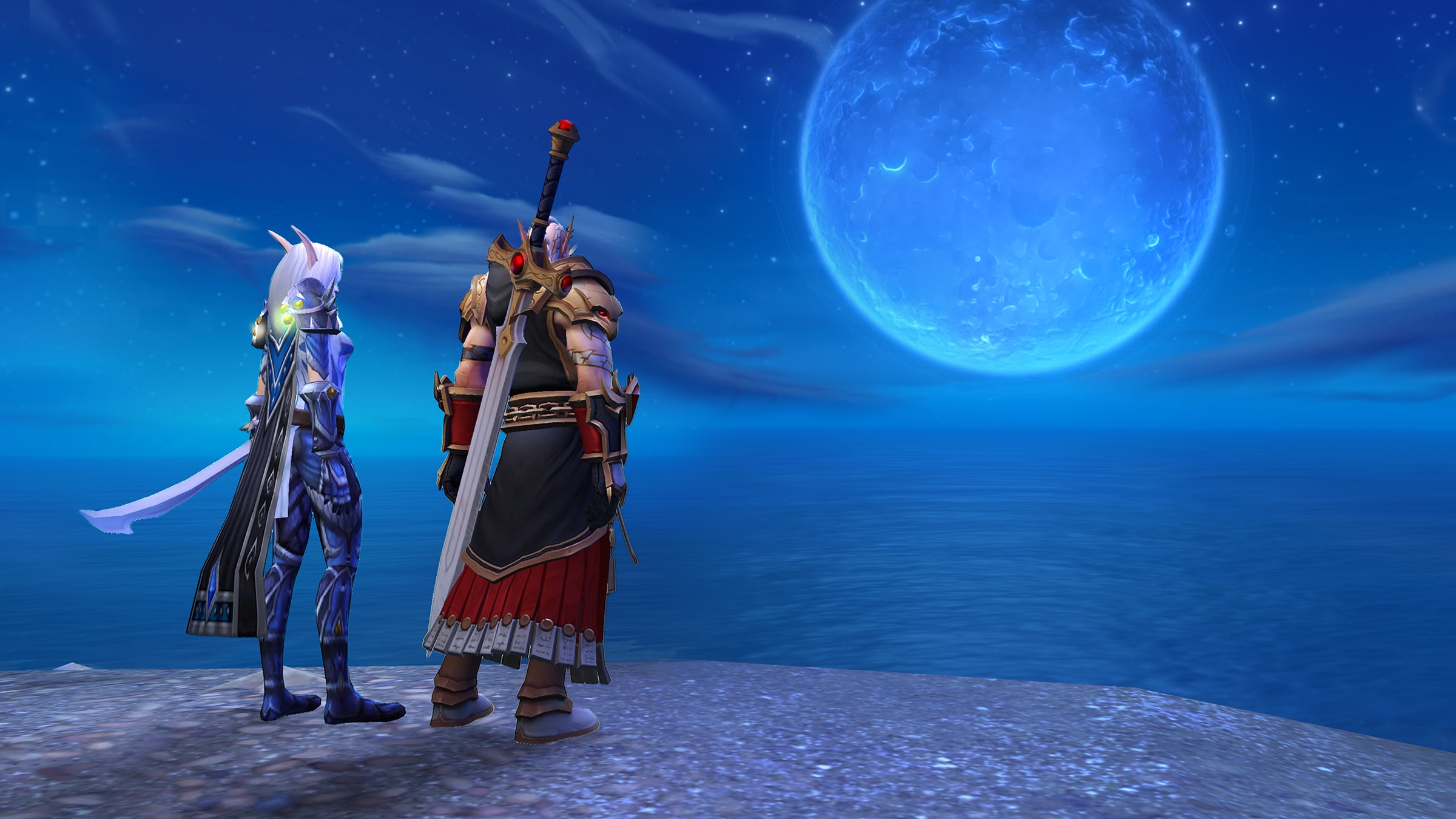 A promotional screenshot of World of Warcraft: The War Within. Two elves stand next to each other on a cliff's edge looking out at a full moon in the night sky.