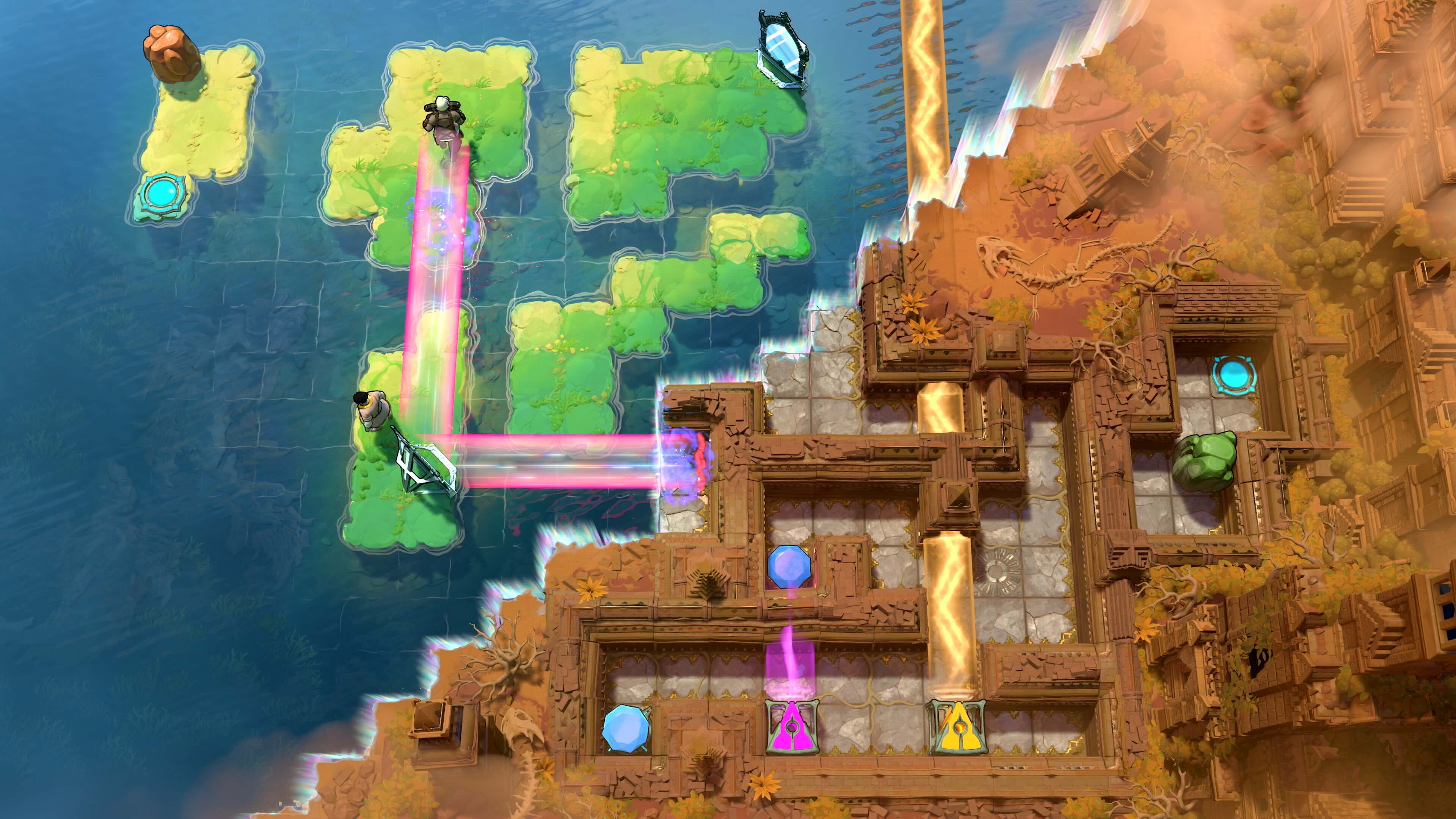 A beam puzzle stretching across two areas.