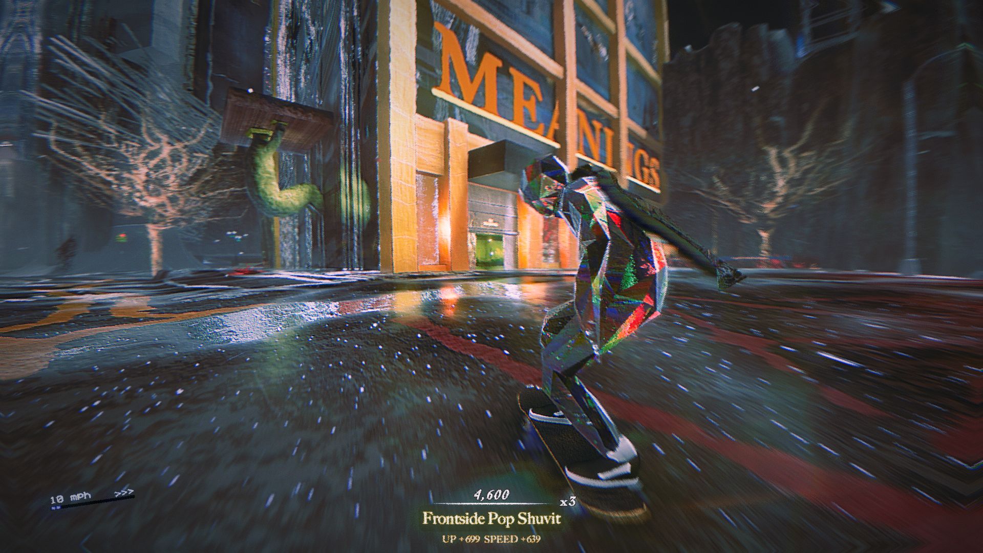 A glass-skinned skater rolls towards a large business building labelled "MEANINGS."